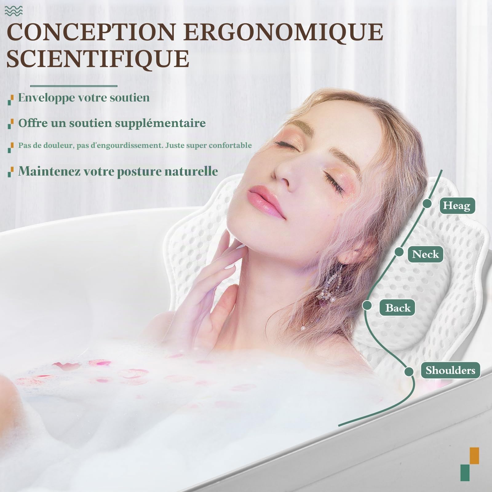 Ruvince - Oreiller de Bain Ergonomique de Luxe avec Soutien de la tête, du Cou, des épaules et du Dos - 4D - pour Baignoire - avec 6 ventouses puissantes, s'adapte à Toutes Les baignoires, spas
