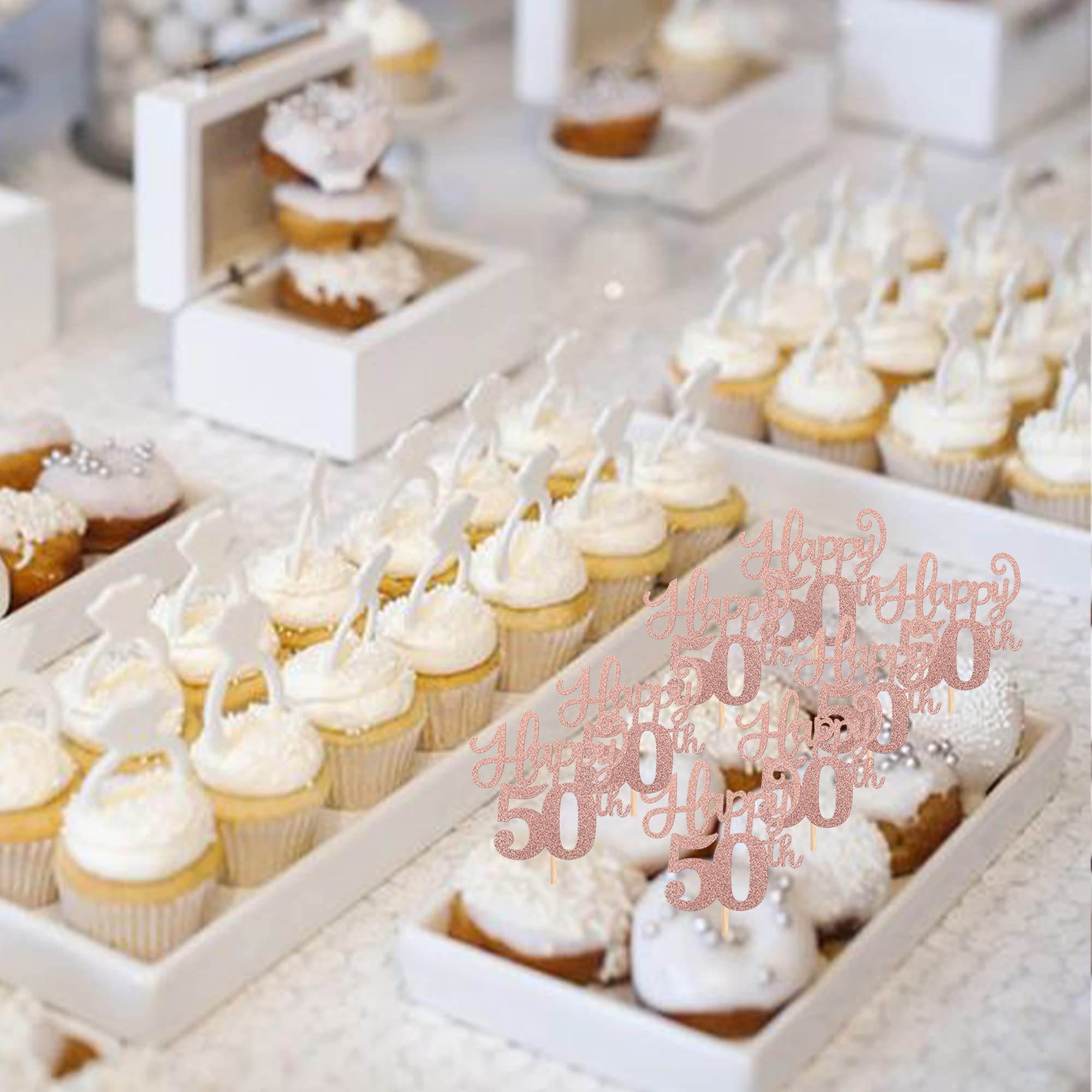 Honbay 50th Birthday Cupcake Toppers - 25-Pack Gold Glitter Cake Decorations With Picks