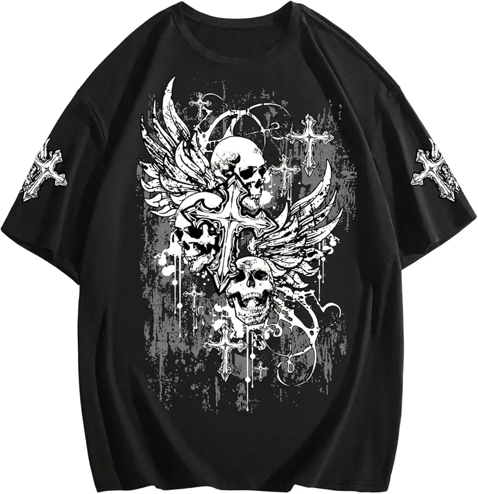 SHENHE Men's Gothic Graphic Tops Y2K Cross Print Short Sleeve Crewneck Rave Tops Christian Tshirt