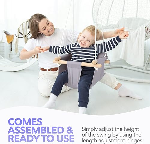 Miniatura 6 de CaTeam - Columpio de lona para bebé, silla colgante de madera con cinturón de seguridad, columpio duradera para bebé, columpio para exteriores e