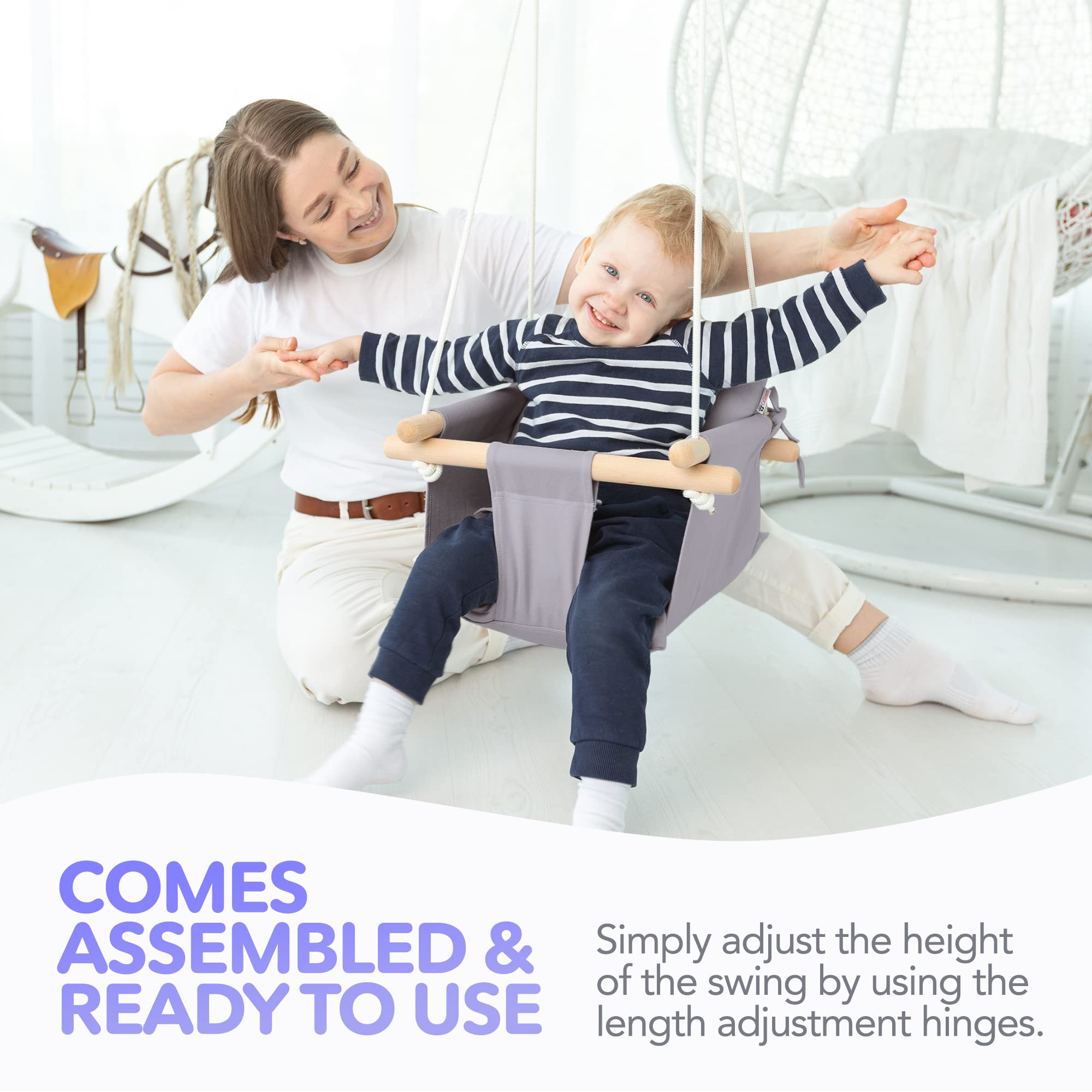 CaTeam - Balançoire pour bébé en Toile, balançoire Suspendue en Bois avec Ceinture de sécurité, Chaise hamac Durable pour bébé, balançoire extérieure et intérieure pour Enfants, Gris Taupe