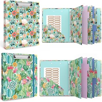 3 Ring Binder 1 Inch, Cute Round Ring Binders with 6 Tab Dividers, Labels Stickers, Low Profile Clipboard with Storage, Fashion Binder School Office SuppliesGreen Floral+Cactus Flowers