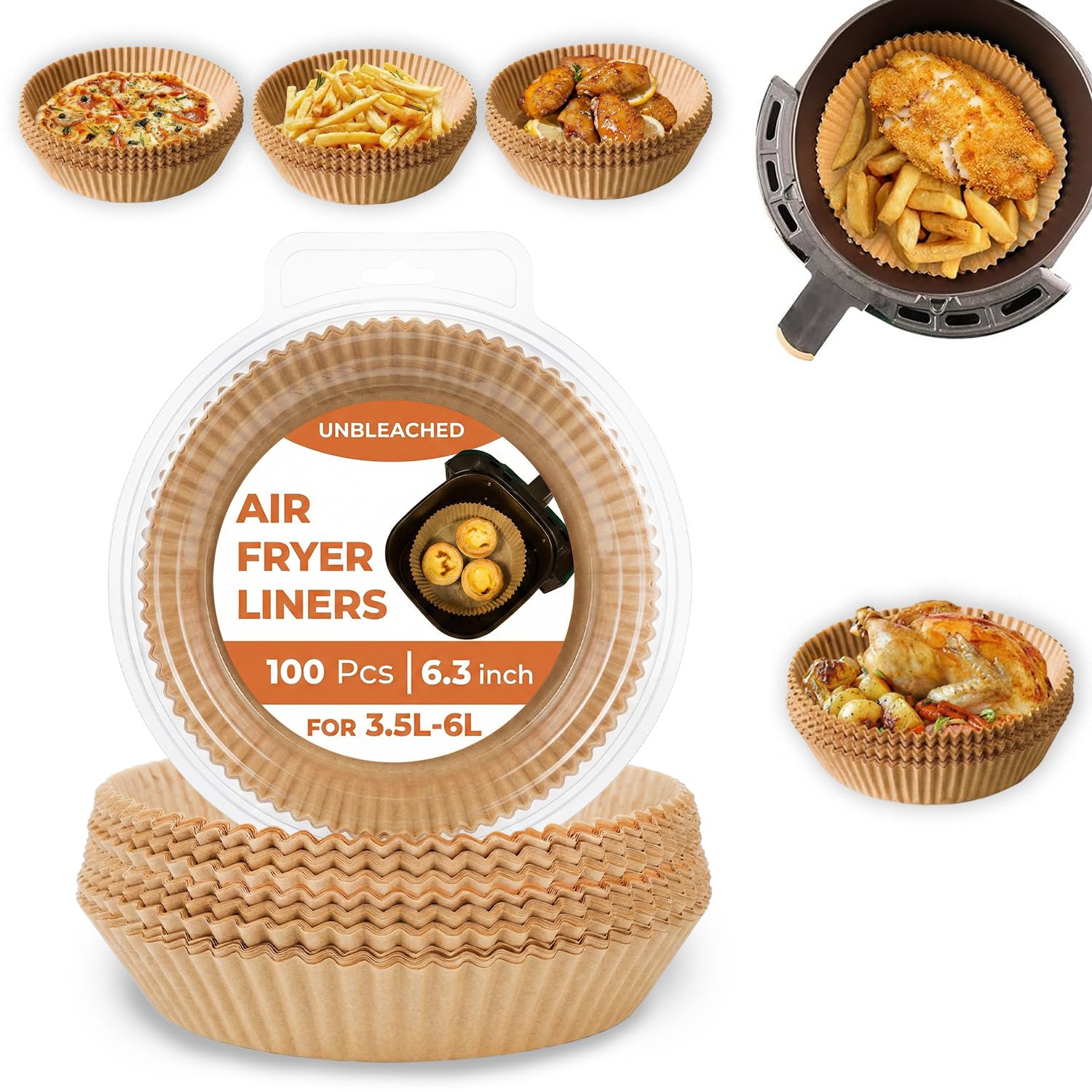 Roe Tenpo Air Fryer Liners, 100Pcs Disposable Baking Parchment Paper, Non-Stick & Greaseproof, Air Fryer Accessories for Ninja AF100UK, COSORI, Tower Air Fryer