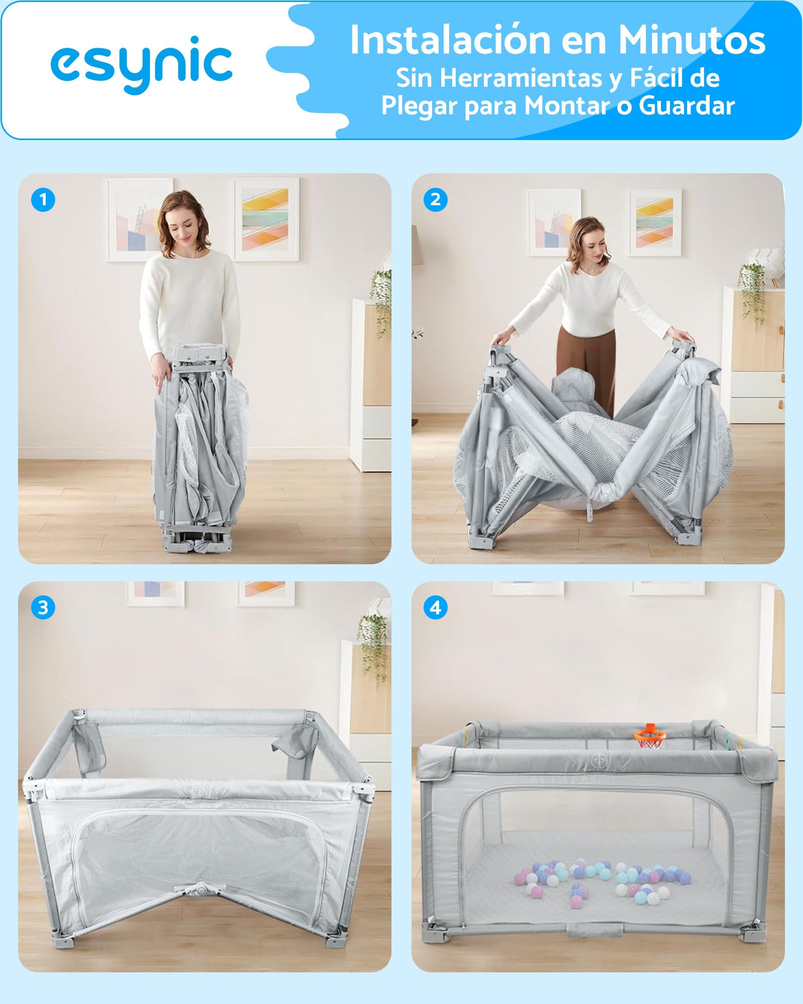 eSynic Parque Infantil Bebé Plegable 150x150 cm Corralito Bebé Grande con Colchoneta Centro de Actividades Playpen con Malla Transpirable Pelotas Canasta Uso Interior Exterior Portátil Gris