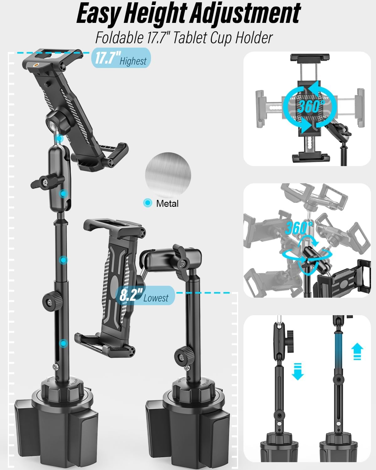 Aluminum Cup Holder Car Tablet Mount - [16" Height Adjustable] [Thick Case Friendly] Heavy Duty Truck Tablet Holder for Car Mount Accessories, for iPad Pro Air Mini, iPhone, Galaxy Tab, 6-15.6 Devices