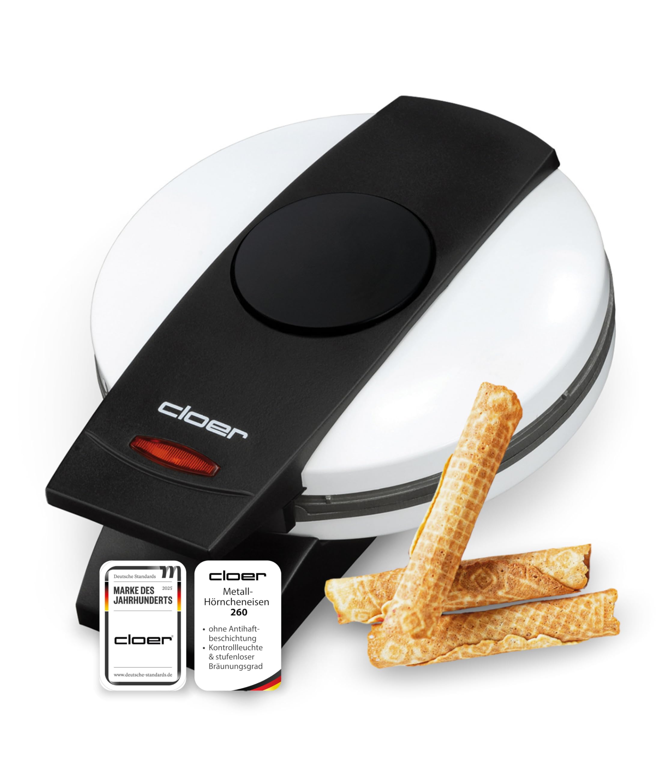 Cloer 260 Hörncheneisen für hauchdünne, knusprige Hörnchen, 800 W, Hörnchengröße 14,5 cm Durchmesser, traditionell ohne Antihaftbeschichtung, fest eingestellter Bräunungsgrad, weiß