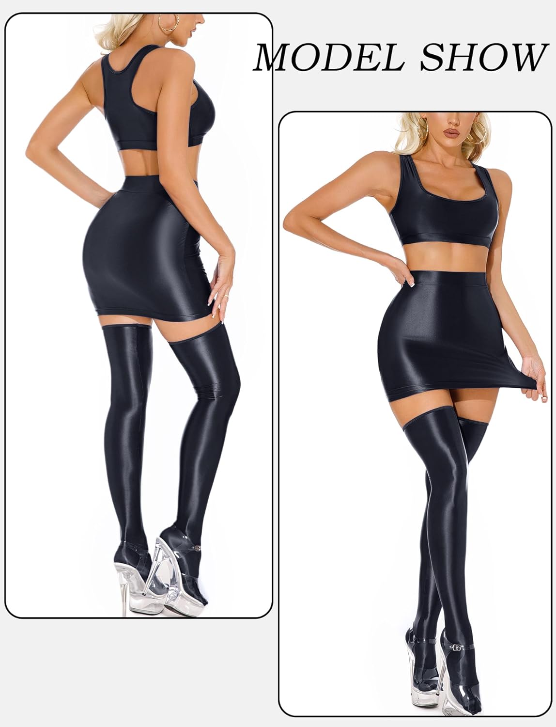 AUBIG Oil Glossy Mini Skirt for Women Sexy Shiny Bodycon Tight Pencil Dress Clubwear Party Hot Skirt - Image 3