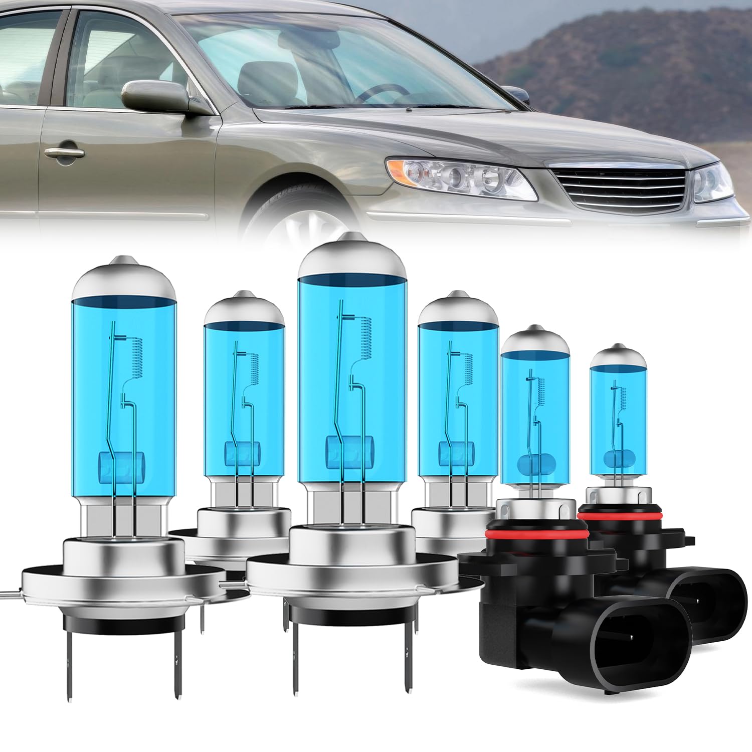 Headlight Bulbs Compatible With Hyundai Azera 2006, H7 High Beam + H7 Low Beam + 9006 Fog Lights Halogen Light Bulb Combo, Super Bright 6000K White, Plug and Play, Pack of 6
