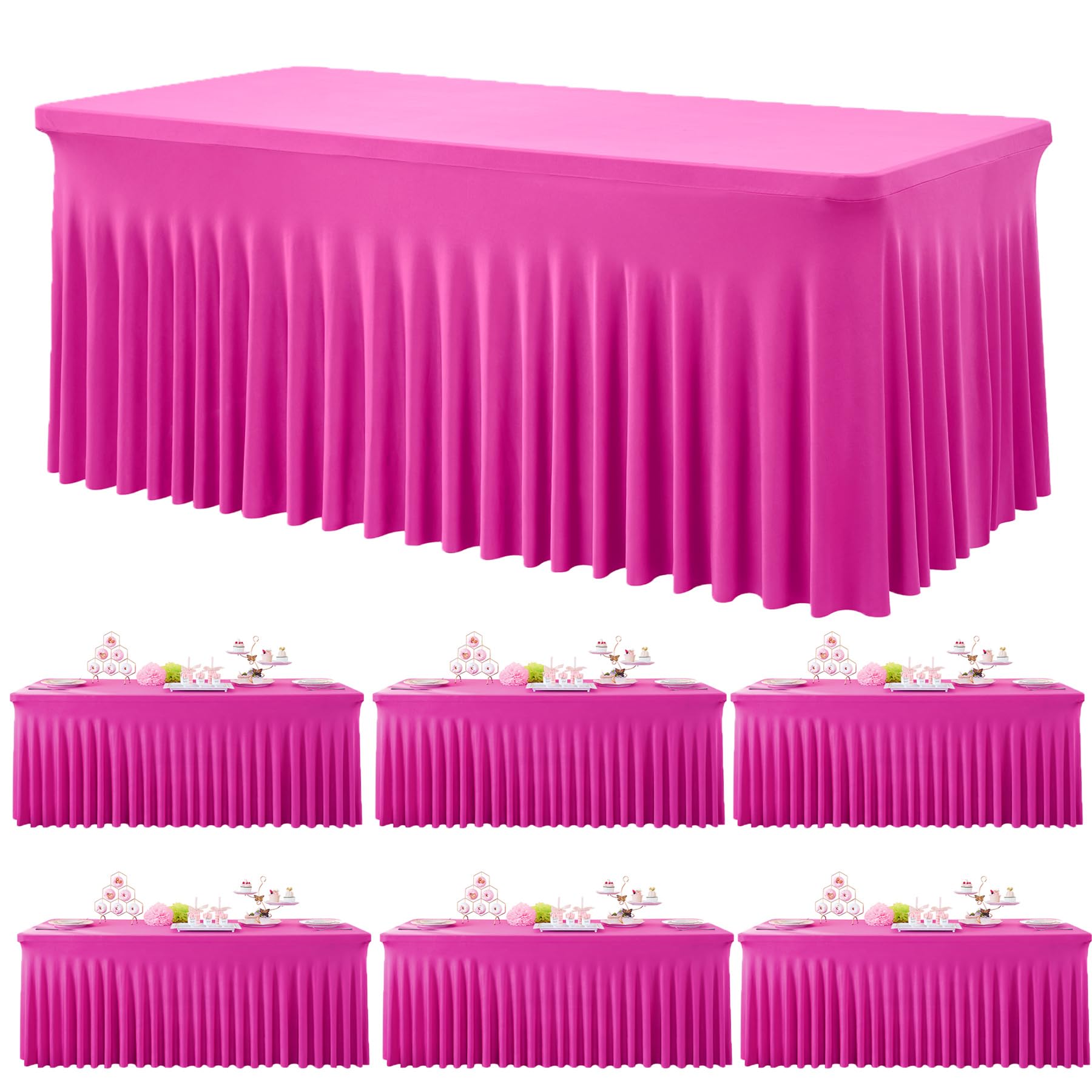 Photo 1 of 6 Pack Hot Pink Spandex Tablecloth for 6 Foot Rectangle Tables, Wrinkle Free Fitted Table Cloth Cover 6ft Fuchsia Stretchy Tablecloths with Skirt for Parties Weddings Birthday Banquet Baby Shower