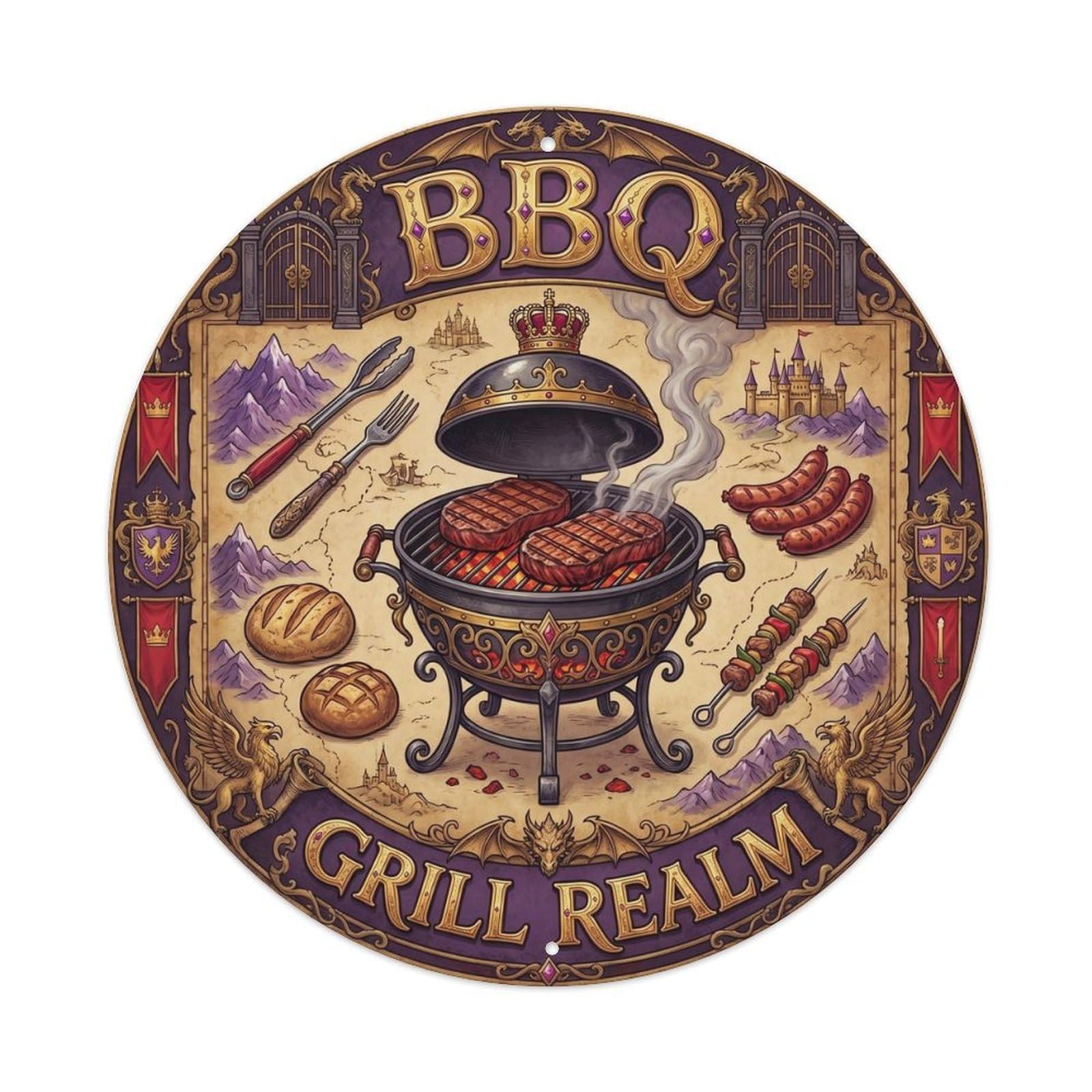 BBQ Barbecue Grill Realm Vintage Metal Tin Sign Plaque Wall Decor for Cafe, Club, Garden Round Metal Poster 8x8Inch