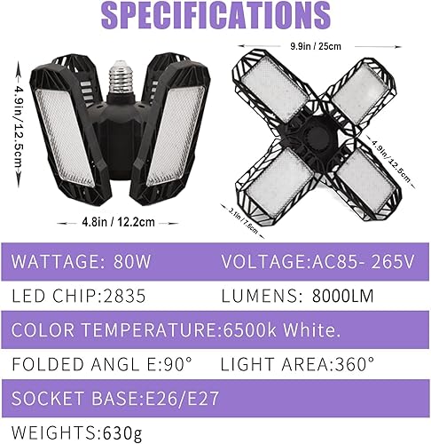 Miniatura 7 de Paquete de 2 luces LED de garaje de 80 W, iluminación de garaje  8000LM 6500K luces LED deformables de techo de garaje, luz LED para tienda con