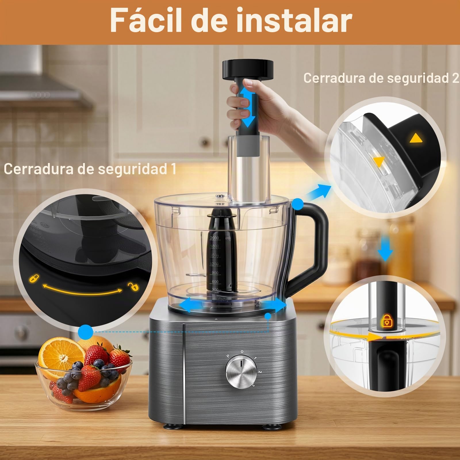 TopStrong Procesador de Alimentos, 800W Robot de Cocina, 3 Velocidades y Pulse, Recipiente de 2L, Incluye 3 Discos de Corte, Picadora, Amasadora y Batidor