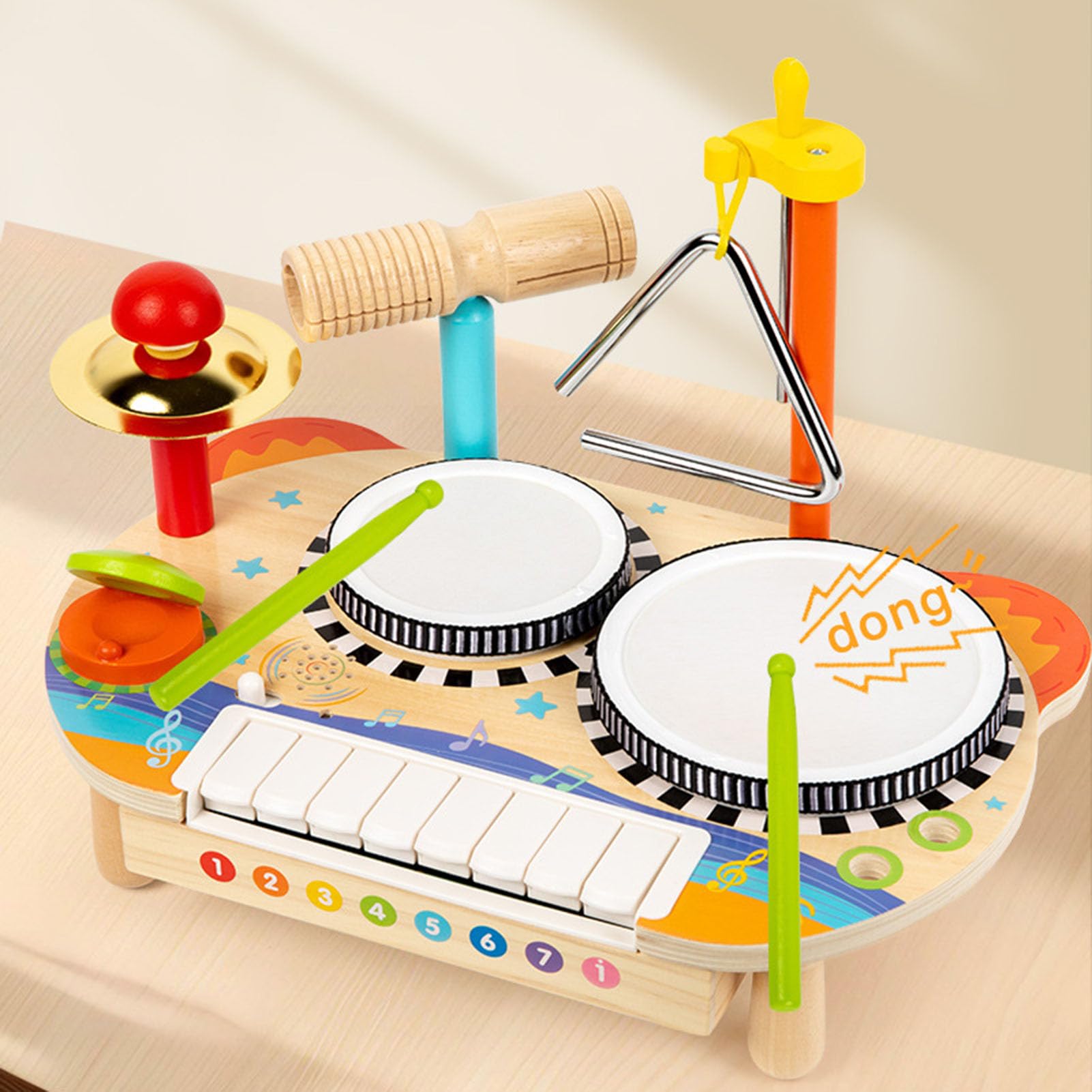 Drewniany stolik muzyczny Montessori, zestaw instrumentów perkusyjnych dla malucha z bębnem, pianinem i trójkątem