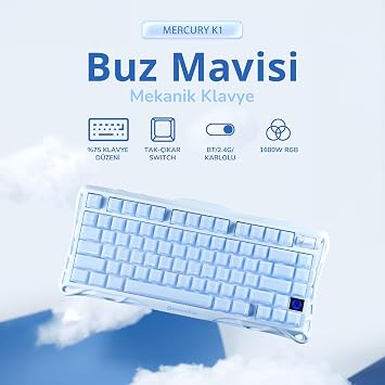 Gravastar K1 Mekanik Gaming Klavye, M1 Pro Kablosuz Optik Mouse ve Mousepad Oyuncu Seti (Ice Blue)