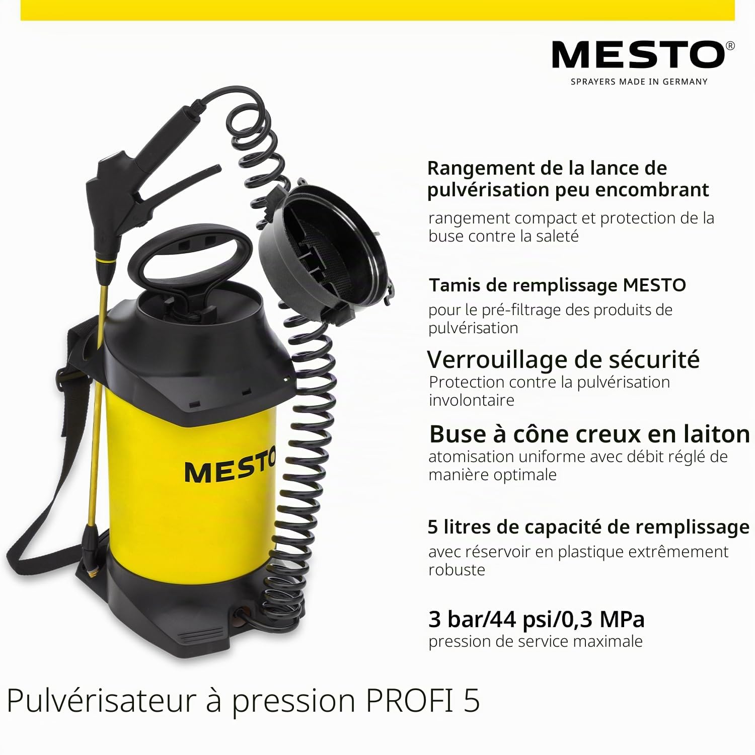 Mesto Profi 5 Pulvérisateur 5L avec Tamis 120mm | 3 Bar | Maison & Jardin | Joints FPM | Pulvérisateur à Pression pour Plantes, désherbage et Protection des végétaux | Flacon Pompe Robuste