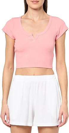 florence by mills Womens Sunburst Ribbed Henley Short Sleeve Tee