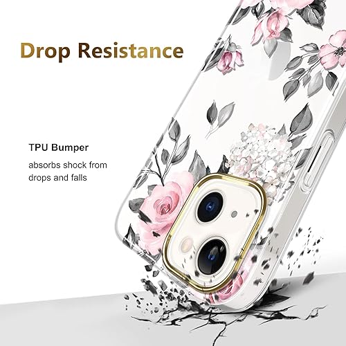 Miniatura 4 de JAHOLAN Funda transparente para iPhone 13 Mini con flores, para niñas y mujeres, a prueba de golpes, con purpurina y patrón floral, funda rígida