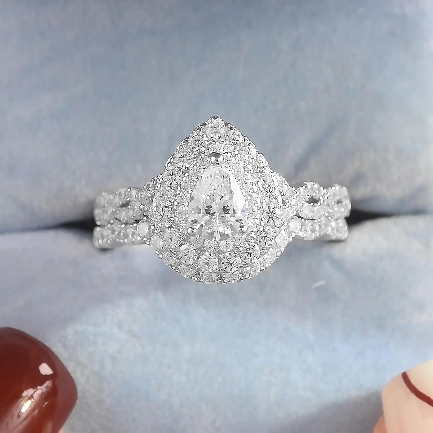 Newshe Jewellery Cubic Zirconia Wedding Rings for Women 925 Sterling Silver Engagement Bridal Ring Set Pear White Promise Anniversary Band Size 4-13