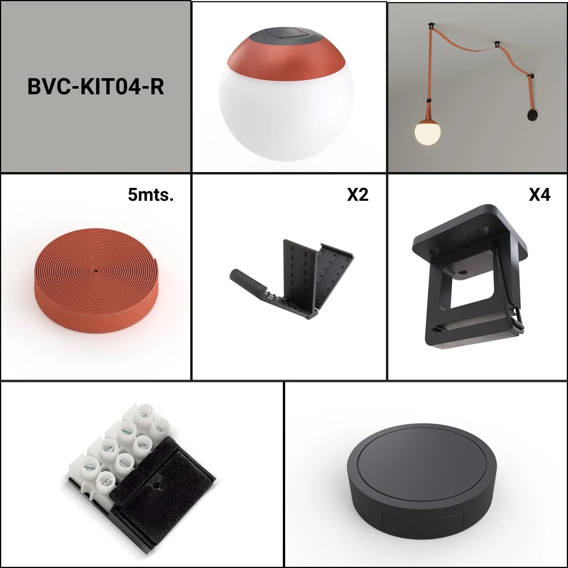 BARCELONA LED Axia 4 Lámpara Colgante LED Bola Opal 12W con Cinta Textil Conductora Color Ladrillo 5m, Gran Lámpara Colgante de Diseño Artístico y, Sistema Iluminación Configurable 2700K