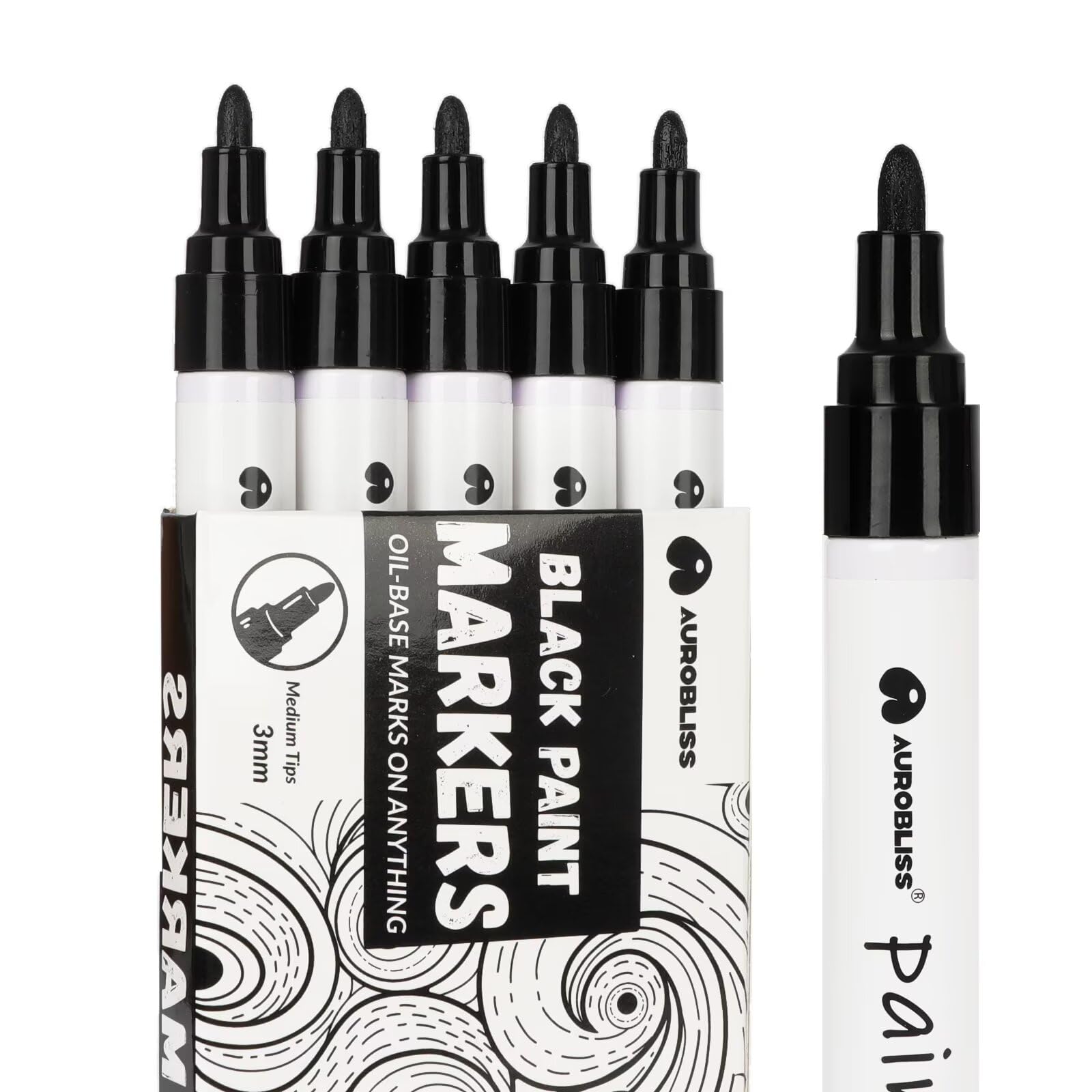 Permanent Black Marker, 5 Black Indelible Markers, Broad Tip 2/3 mm, Markers for Metal, Glass, Stones, Wood, Clothes, Plastic, Leather, Tires