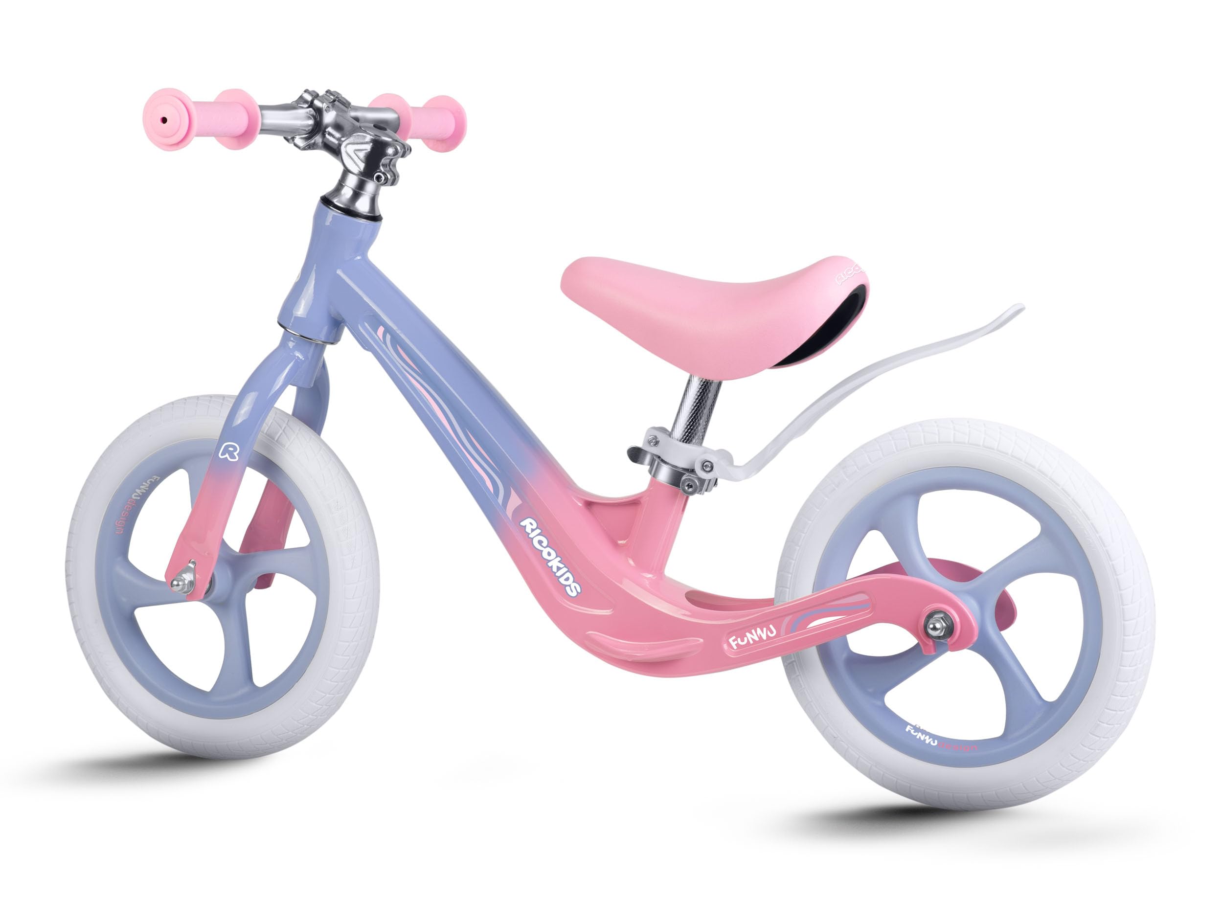 Ricokids Rowerek Biegowy dla Dzieci - Regulowane Siodełko - Opony PU 12'' Odporne na Przebicia - Funnu Niebieski Różowy