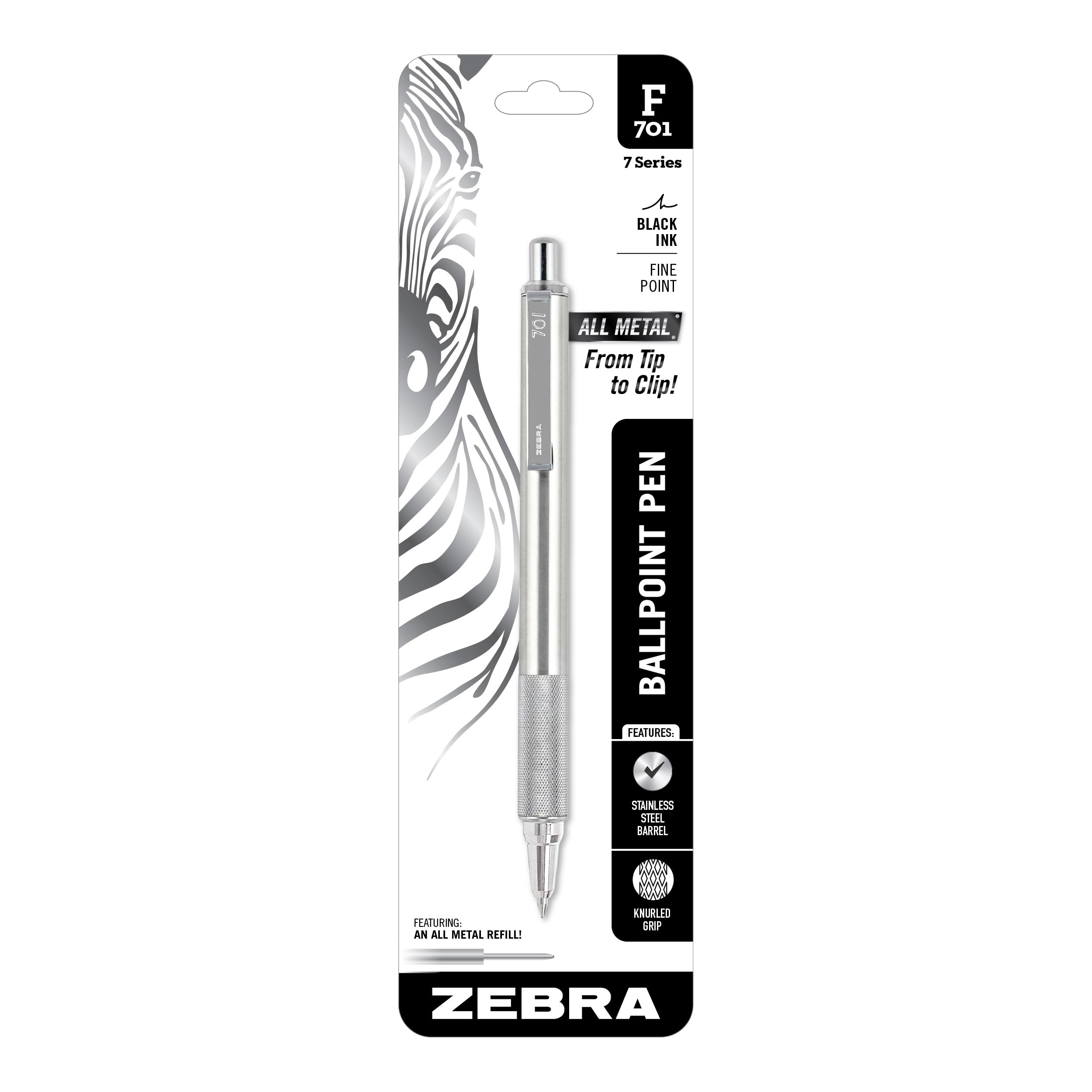 Zebra Pen F-701 Retractable Ballpoint Pen, Stainless Steel Barrel, Fine Point, 0.8mm, Black Ink, 1-Pack