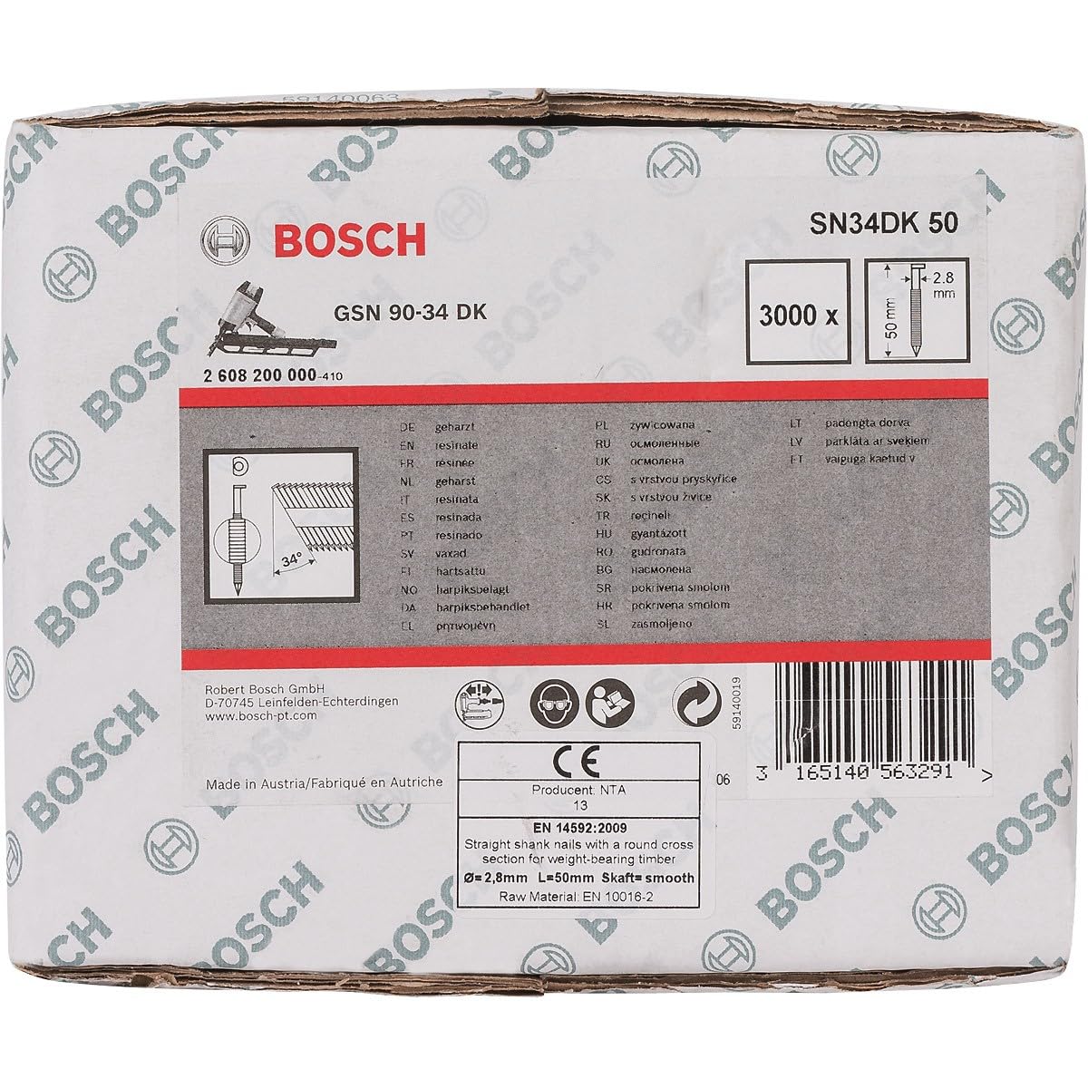Bosch 3000x Gwoździe taśmowe 34°, łeb ścięty PRO SN34CH