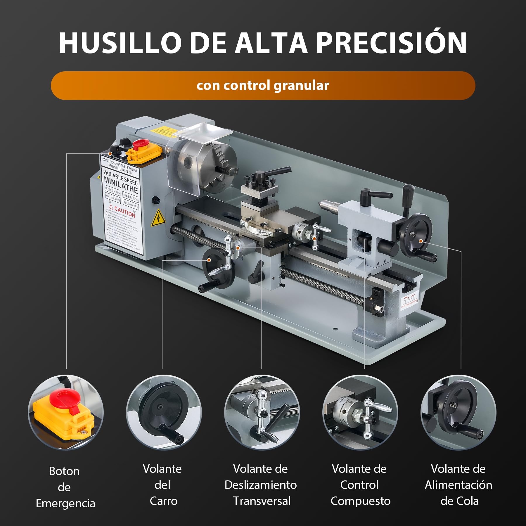 CREWORKS 550W Mini Torno de Metal, 180x350mm Torno para Metal de Sobremesa con Máx. Velocidad 2250RPM, Torno de Metal para Torneado de Metales para Roscar, Tornear