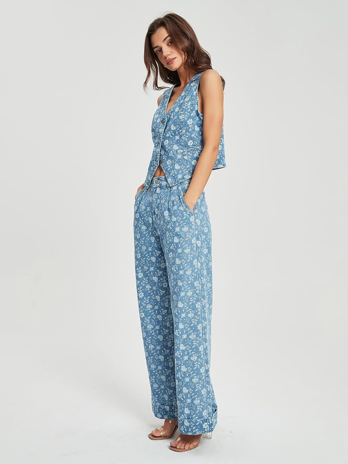 SCOFEEL Women’s Floral Denim Set V Neck Vest Wide Leg Pants 2 Piece Jeans image 3