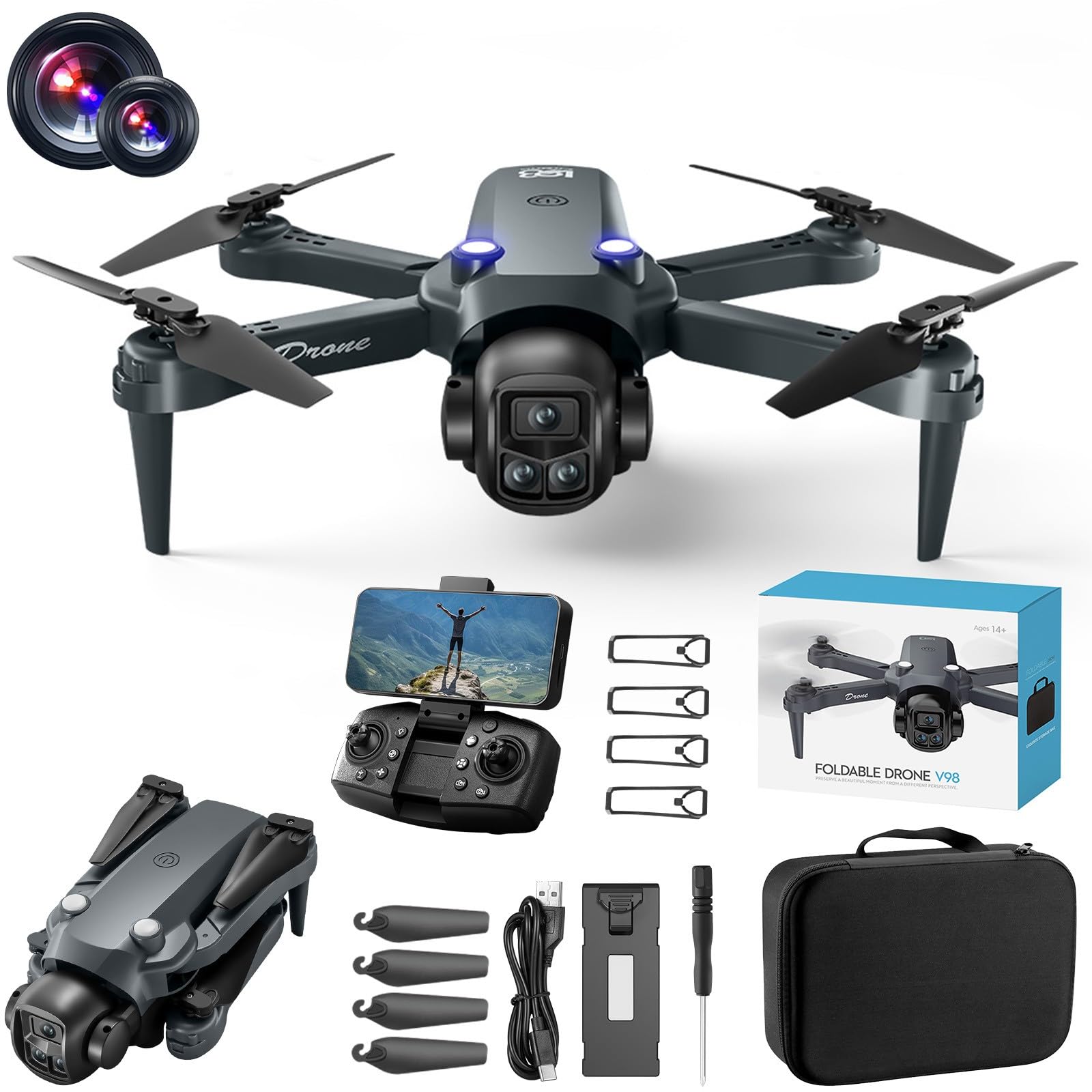 Drone with 1080P FPV Dual Camera - Sideward flight, Altitude Hold Headless Mode Start Speed Adjustment, Trajectory Flight, Low Battery Reminder, Speed Adjustment