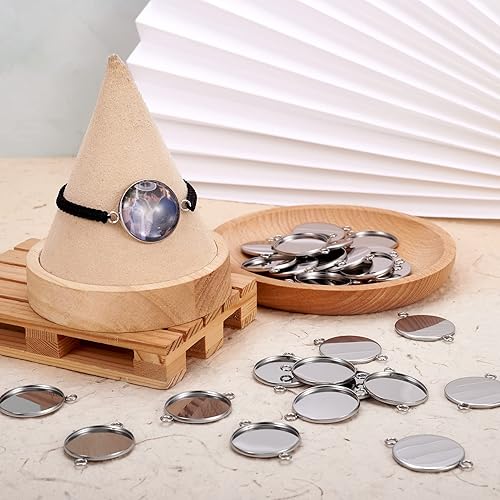 Miniatura 3 de Craftdady 100 conectores colgantes de bandeja de bisel de 0.98 pulgadas (0.984 in), color blanco cameo redondo, cabujón de acero inoxidable, doble