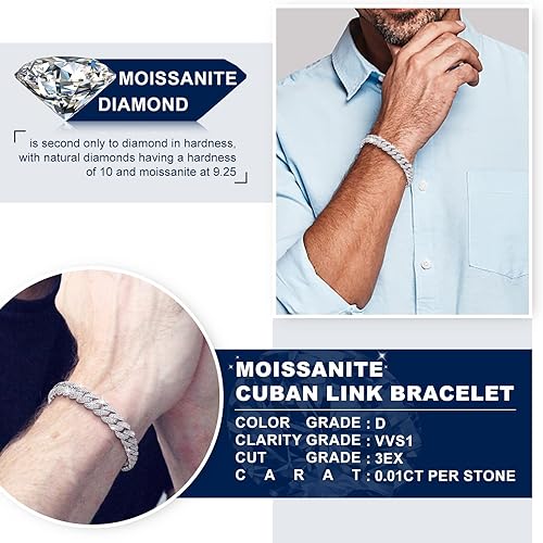 Miniatura 9 de Pulsera de eslabones cubanos de moissanita, pulseras de diamantes de imitación para hombres y mujeres, pulsera de oro de 18 quilates sobre plata de
