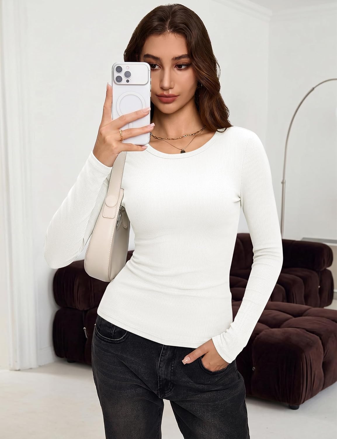 Popclub Women's 3 Pack Ribbed Long Sleeve Shirts Trendy Layering Tops Basic image 4