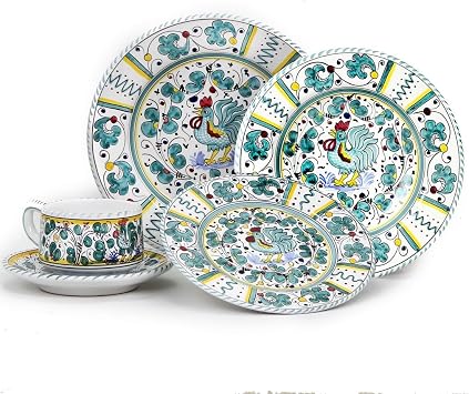 Orvieto Green Rooster - 5 Piece Place Setting, Made in Italy. | Authentic hand painted in Deruta, Italy. Original design. Shipped from the USA with Certificate of Authenticity.
