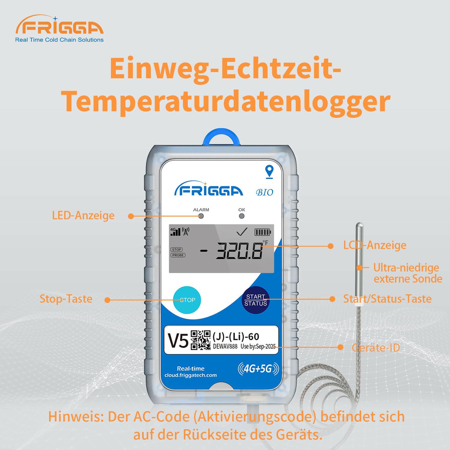 Frigga V5J 4G/5G Echtzeit-Temperatur-Datenlogger mit extra niedrigem externem Fühler Einmalig 28800 Punkte Digitaler Temperatur-Fernschreiber 60 Tage für Trockeneis Flüssigstickstoff-Transport