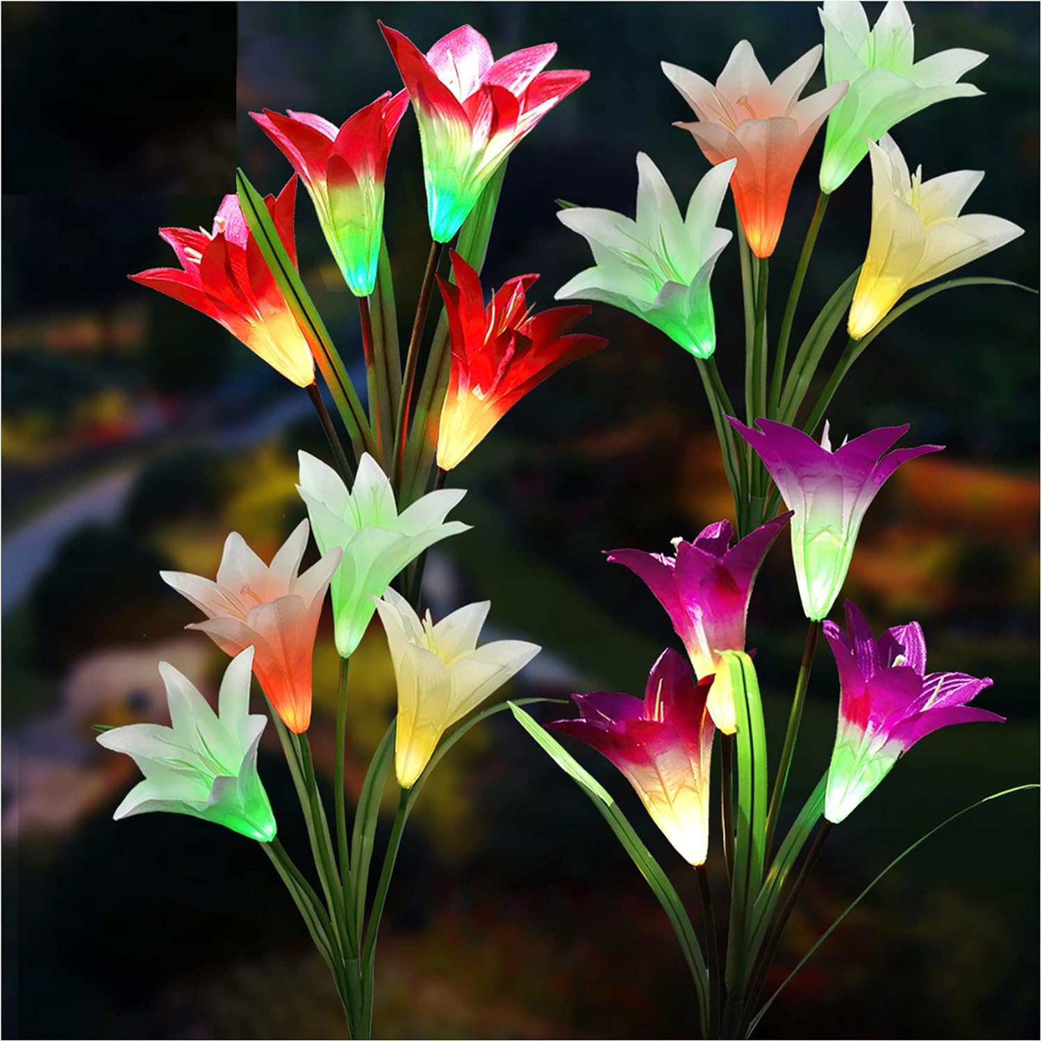 TONULAX Solar Lights Outdoor - Upgradedr Garden Light, Multi-Color Changing Lily Solar Flower Lights for Patio,Yard Decoration, Bigger Flower and Wider Panel (4 Pack,Red, 2 Purple, White)