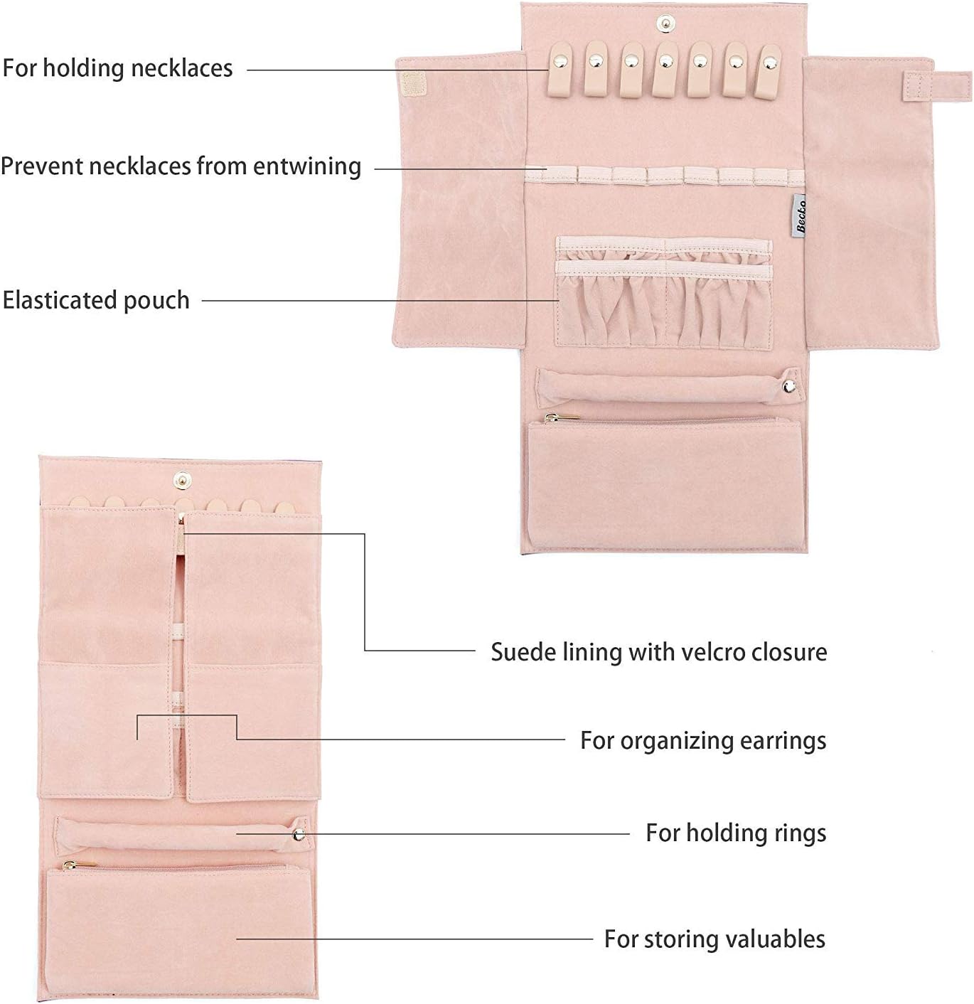 Becko US Jewelry Organizer Roll Travel Jewel Bag case for Multiple Necklaces, Rings, Bracelets, Supple Leather & Suede, Large Capacity Without Crease, Lightweight, Portable & Practical (Blue) - Image 3