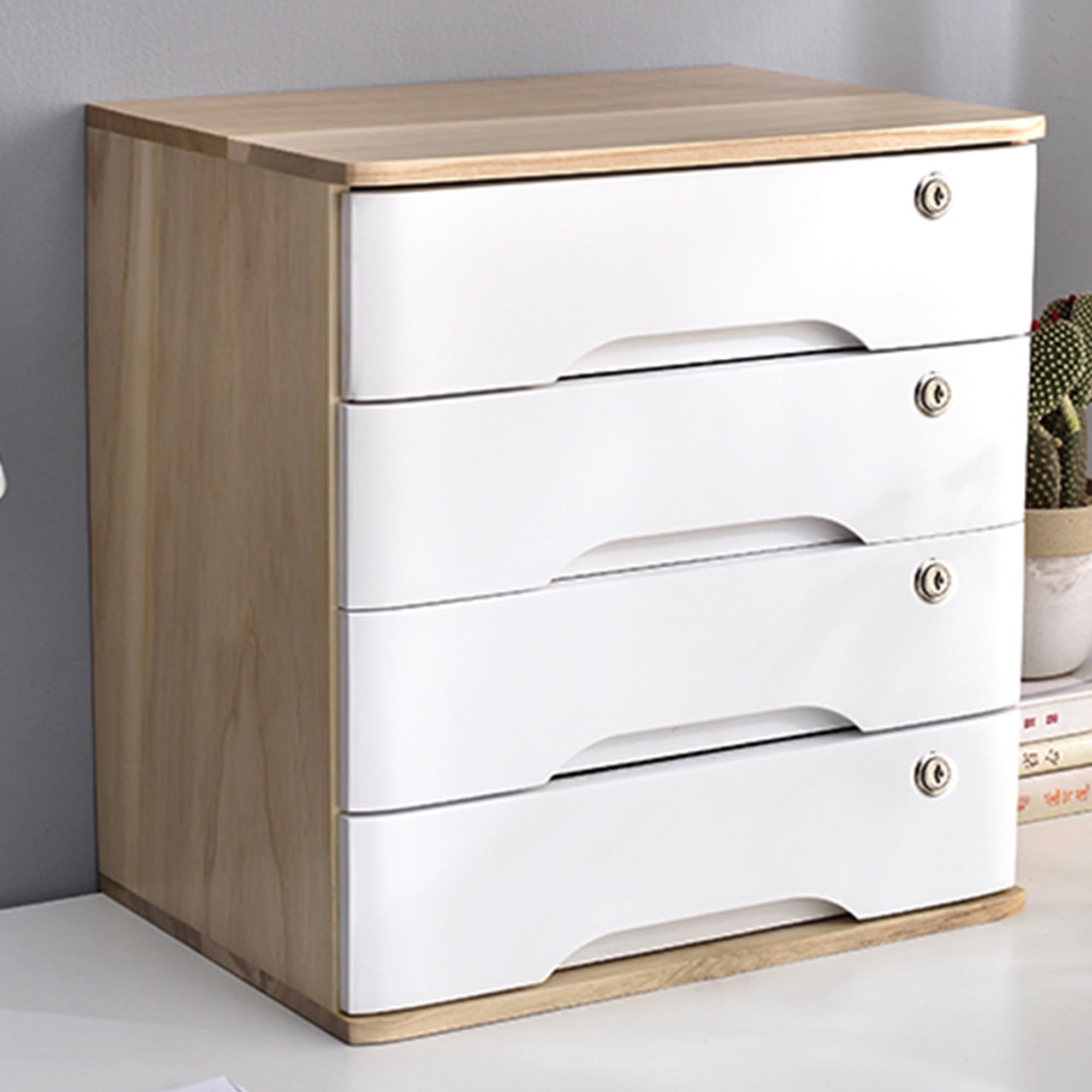 Holz-Schubladenbox, Schreibtisch-Organizer mit 4 Schubladen, Schloss, A4-Quittungsordner-Organizer, Mini-Holzkommode für Zuhause, Küche, Büro (C, Weiß, Nussbaum, Gelb)