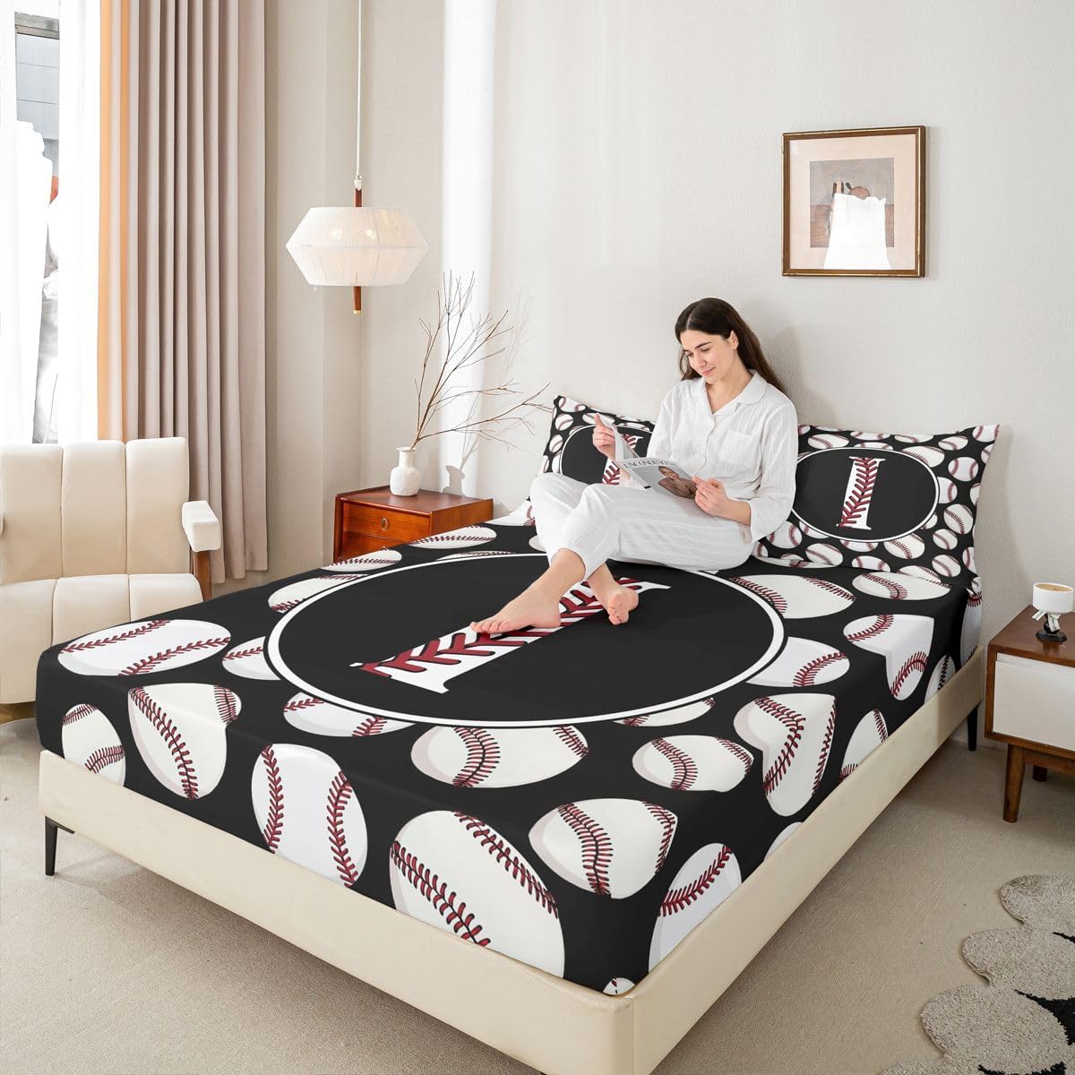 Erosebridal Alphabet Letter I Bed Sheets Full for Bedroom Decor - Sport Baseball Fitted Sheet Baseball Laces Personalized Initial Bedding Set,Cool Monogrammed Bed Cover 3 Pcs
