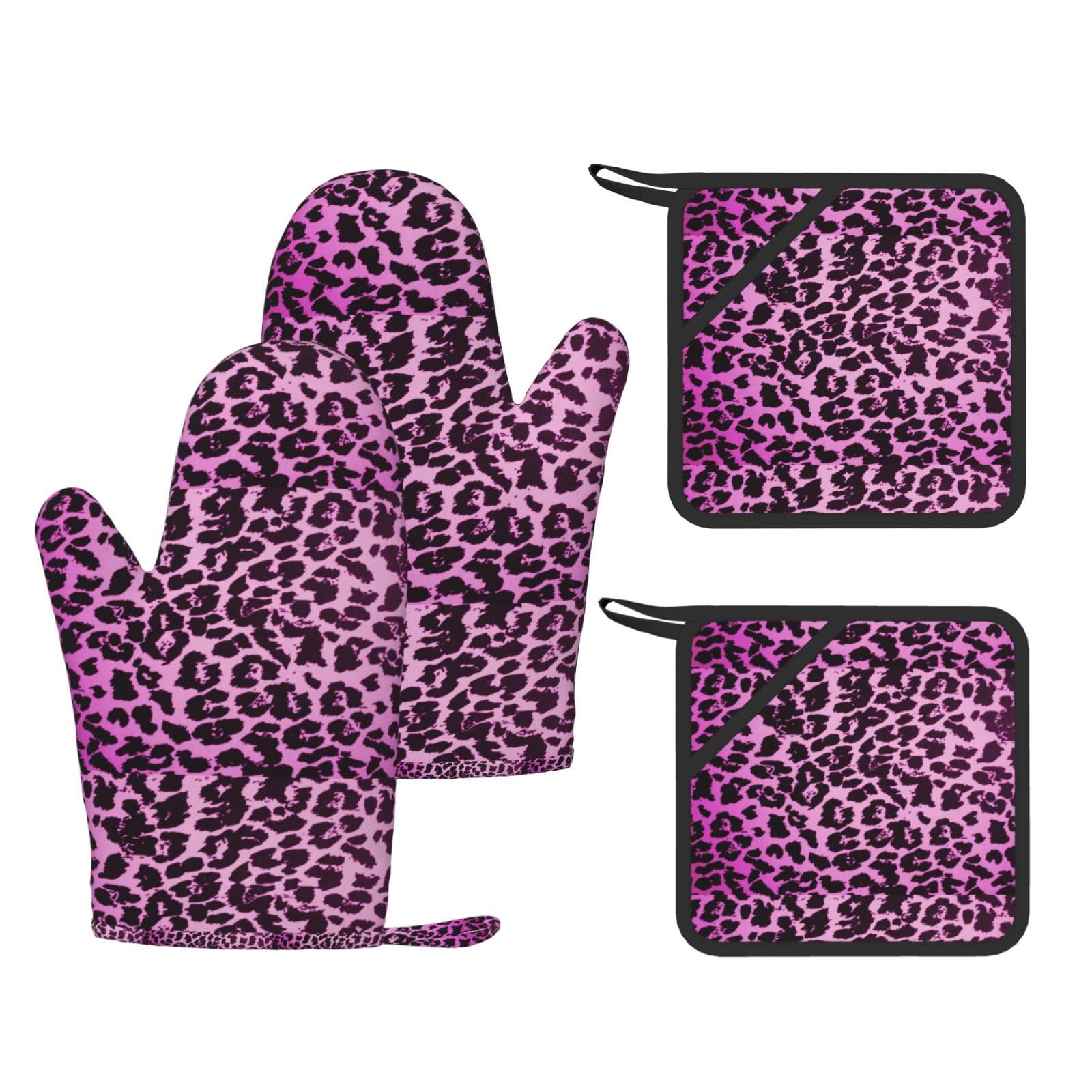 Ensemble de Quatre Gants et maniques résistants à la Chaleur, Gants de Cuisine antidérapants, maniques de Four, Motif léopard Violet