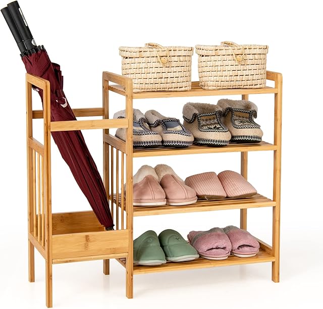 Multigot Freestanding Bamboo Shoe Rack, 4-Tier Storage Stand with Umbrella Holder, Space Saving Wooden Organizer Unit for Bedroom, Hallway and Living Room