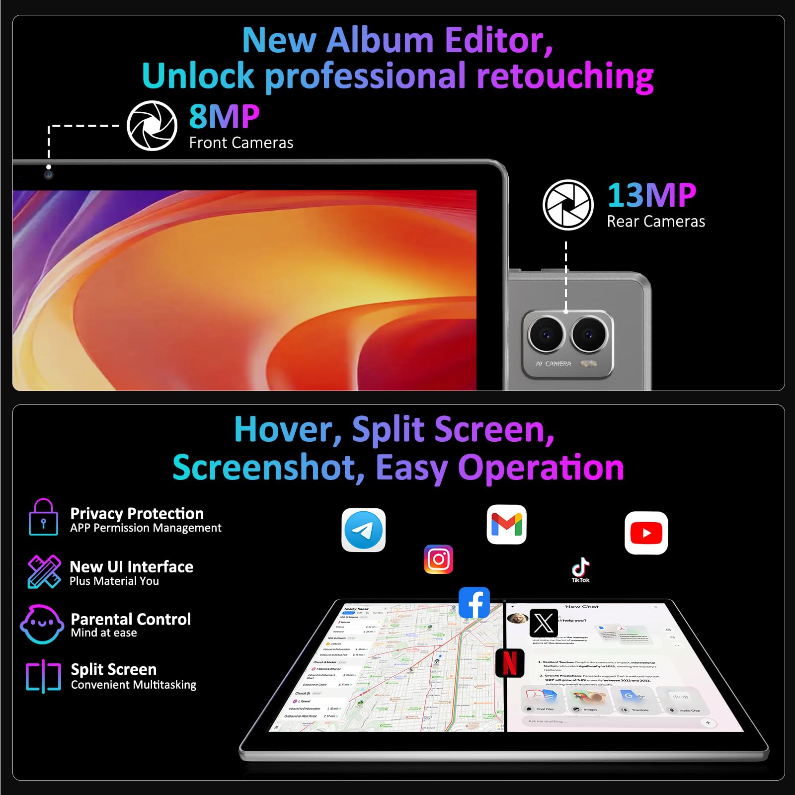 Tablet 14 Pulgadas Android 15 Tableta 5G WiFi,11580mAh y 20W,36GB RAM+256GB ROM/2000 * 1200 incell FHD/Face ID/GPS/BT 5.0/TÜV/USB-C,Tablet con Lapiz,Gris