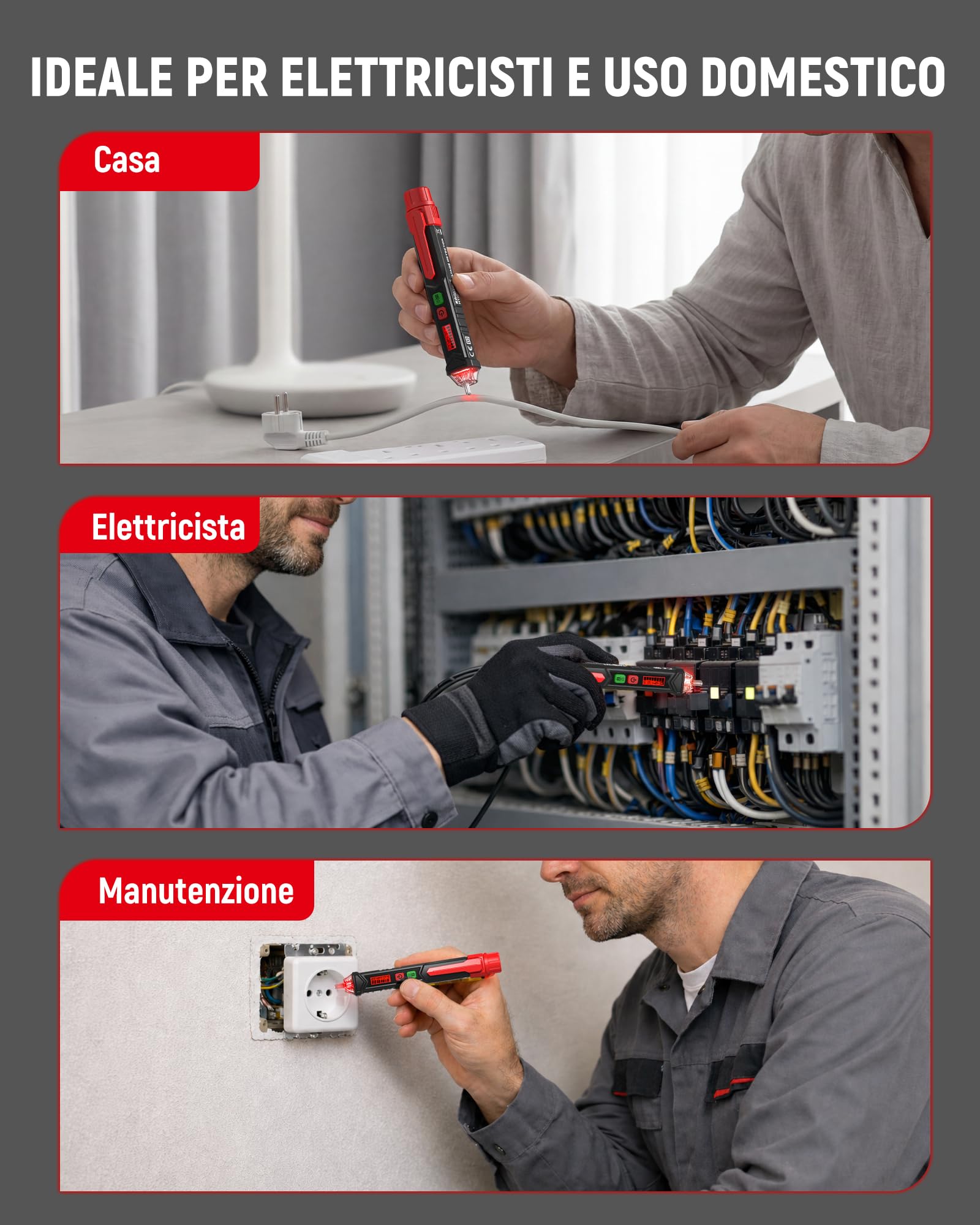 Tester di Tensione Senza Contatto, KAIWEETS Cercafase, Rilevatore di Tensione a Doppia Sensibilità 12V/48V-1000V, Display LCD, Test Filo Fase/Neutro, Torcia, Allarme Acustico