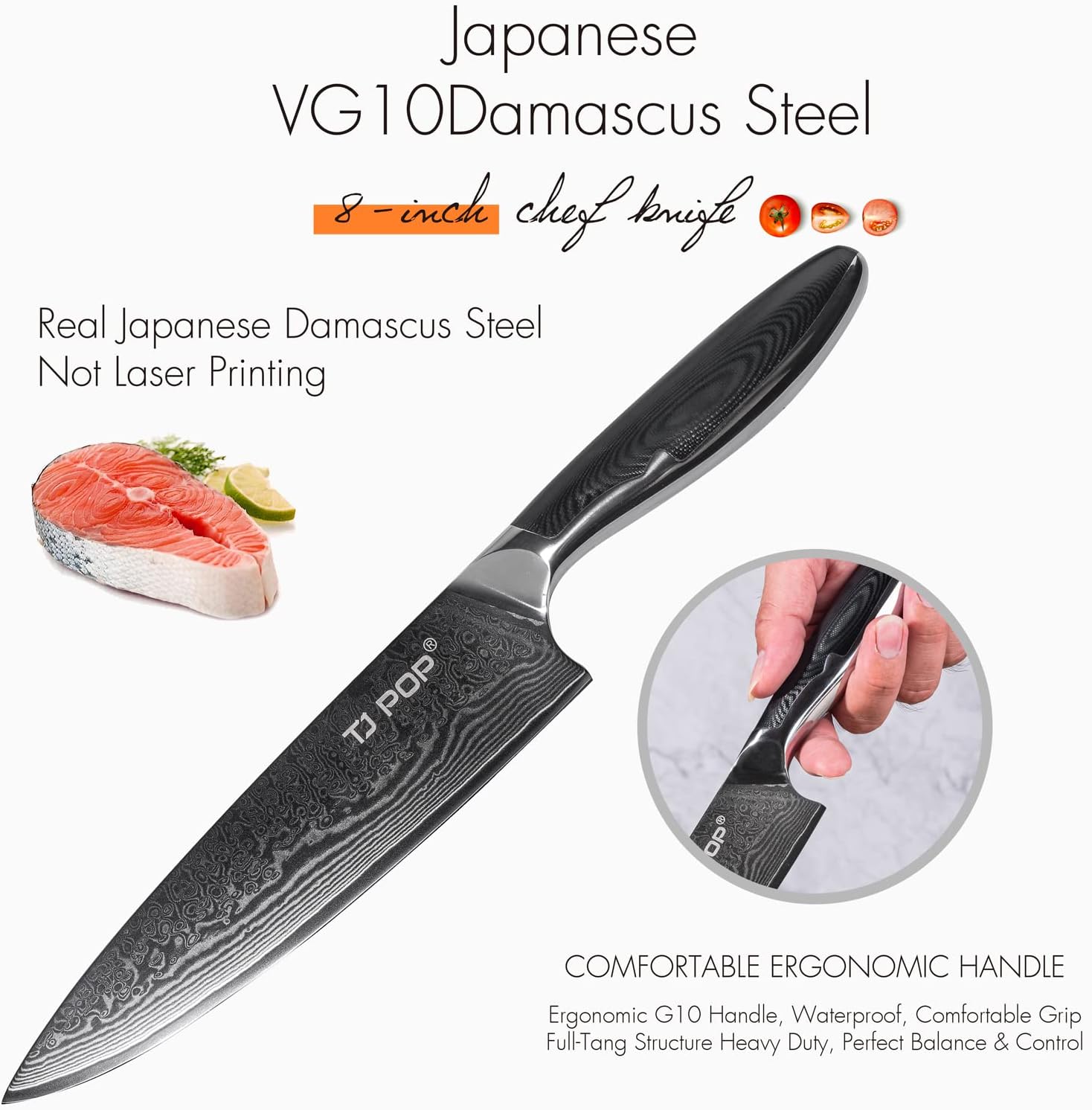 4-Piece Labeled Acacia Wood Cutting Board Set with VG-10 Damascus Chef Knife, Kitchen Prep Bundle for Meat, Vegetables & Fruits