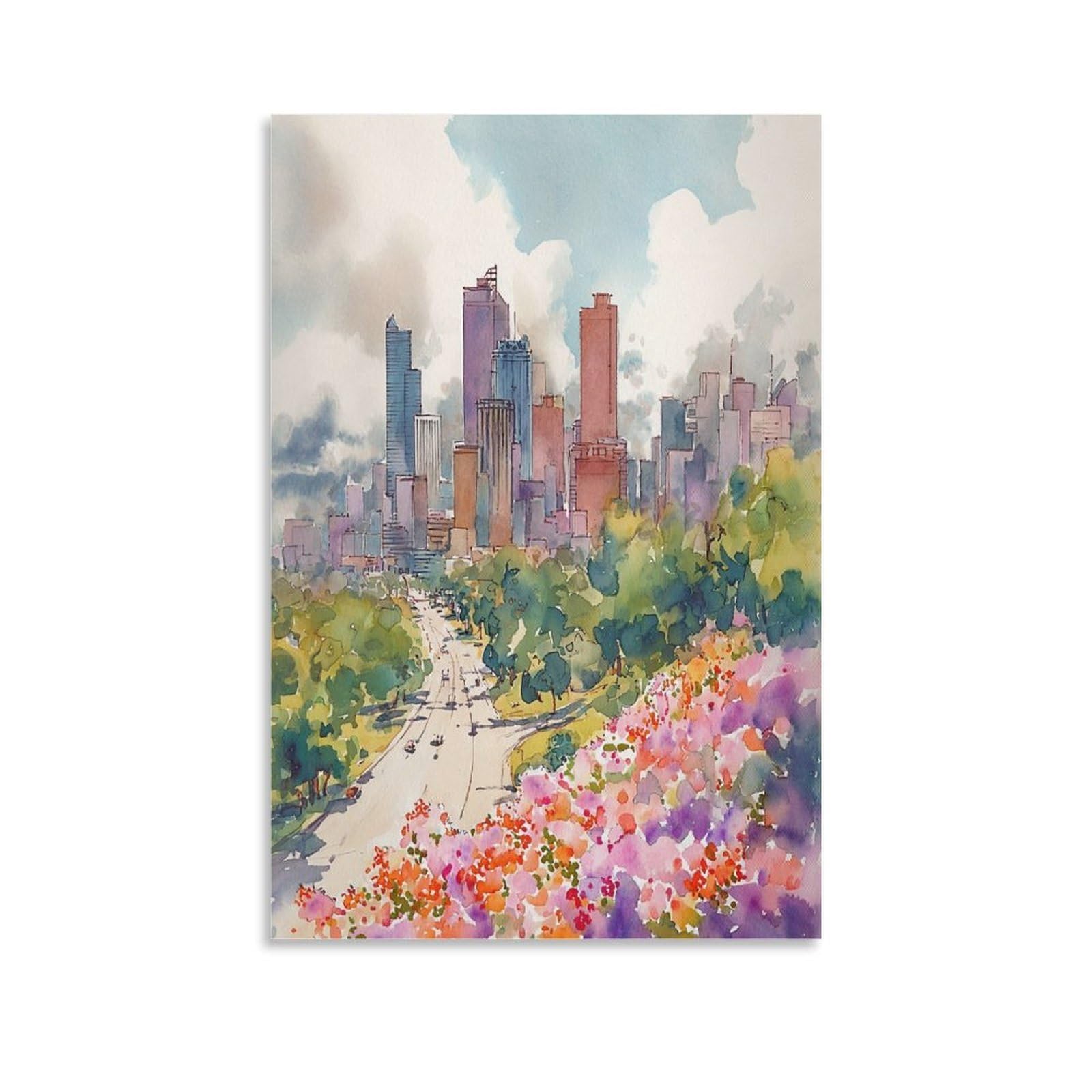 XWYMXZ Calgary Skyline Watercolor Painting Canada Travel Poster 24x36inch(60x90cm) Vintage Watercolor Canvas Art