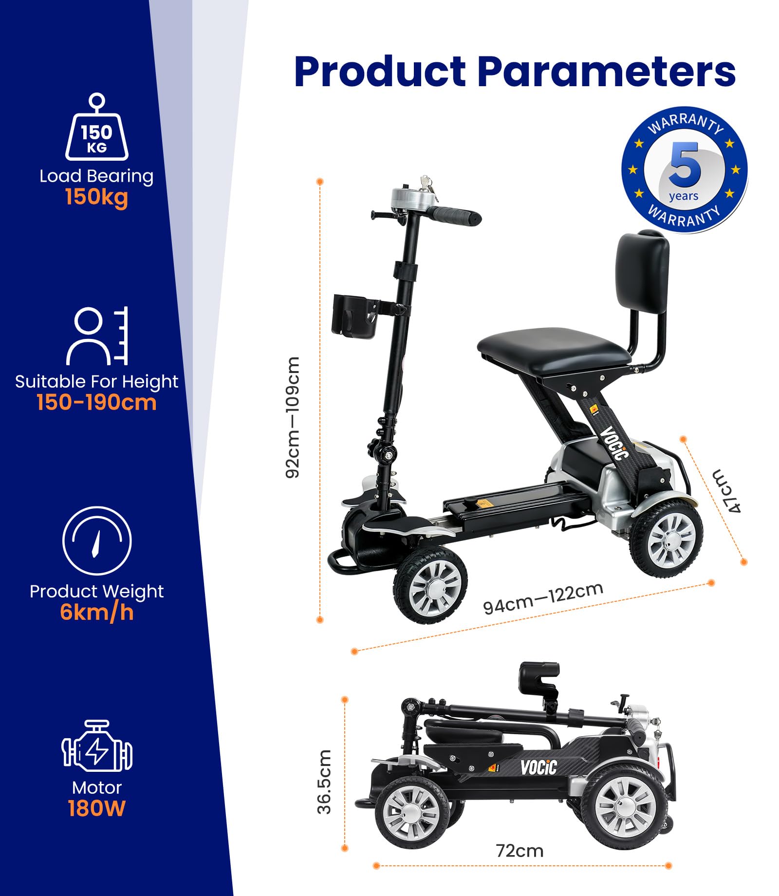 VOCIC D71 Scooter de movilidad ultraligero de carbono plegable 21 kg | 20 km de autonomía, soporta hasta 150 kg, marco ajustable, fácil de transportar y apto para viajar en avión, Plata