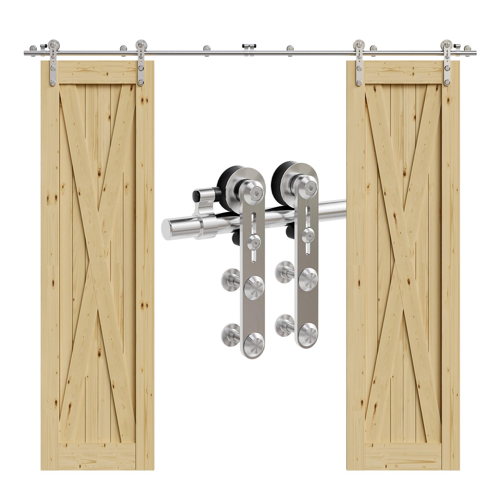 Rail Porte Coulissante Inox Double 244cm Kit Roulette Suspendue Systeme Noir pour 2 Porte Coulissante Interieur 61cm Large, Acier Inoxydable I Forme