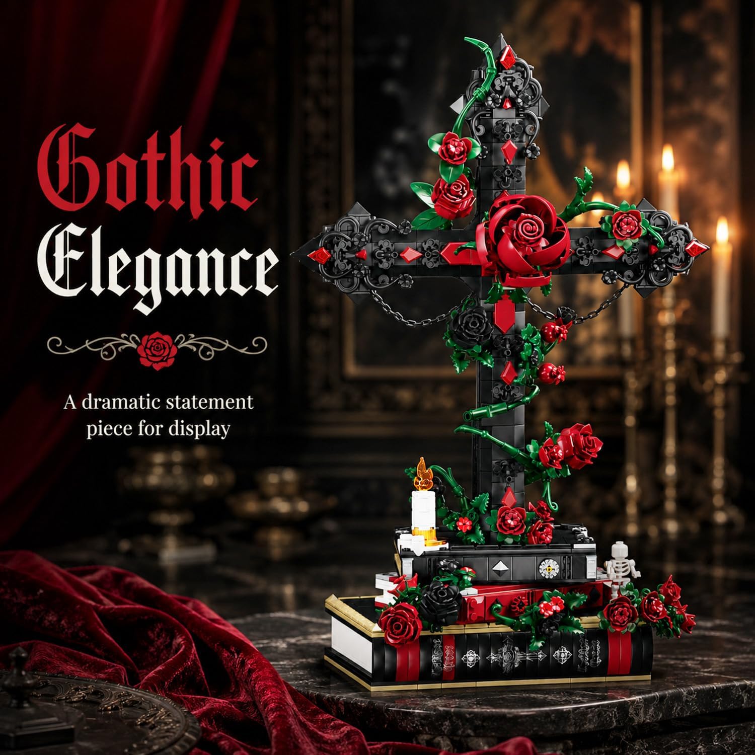 Gothic Cross & Roses Flower Bouquet Building Set, Botanical Skull Skeleton Pot Building Kit, Home Office Table Decoration, Valentine's Day Christmas for Women Adults (1334 PCS) image 2