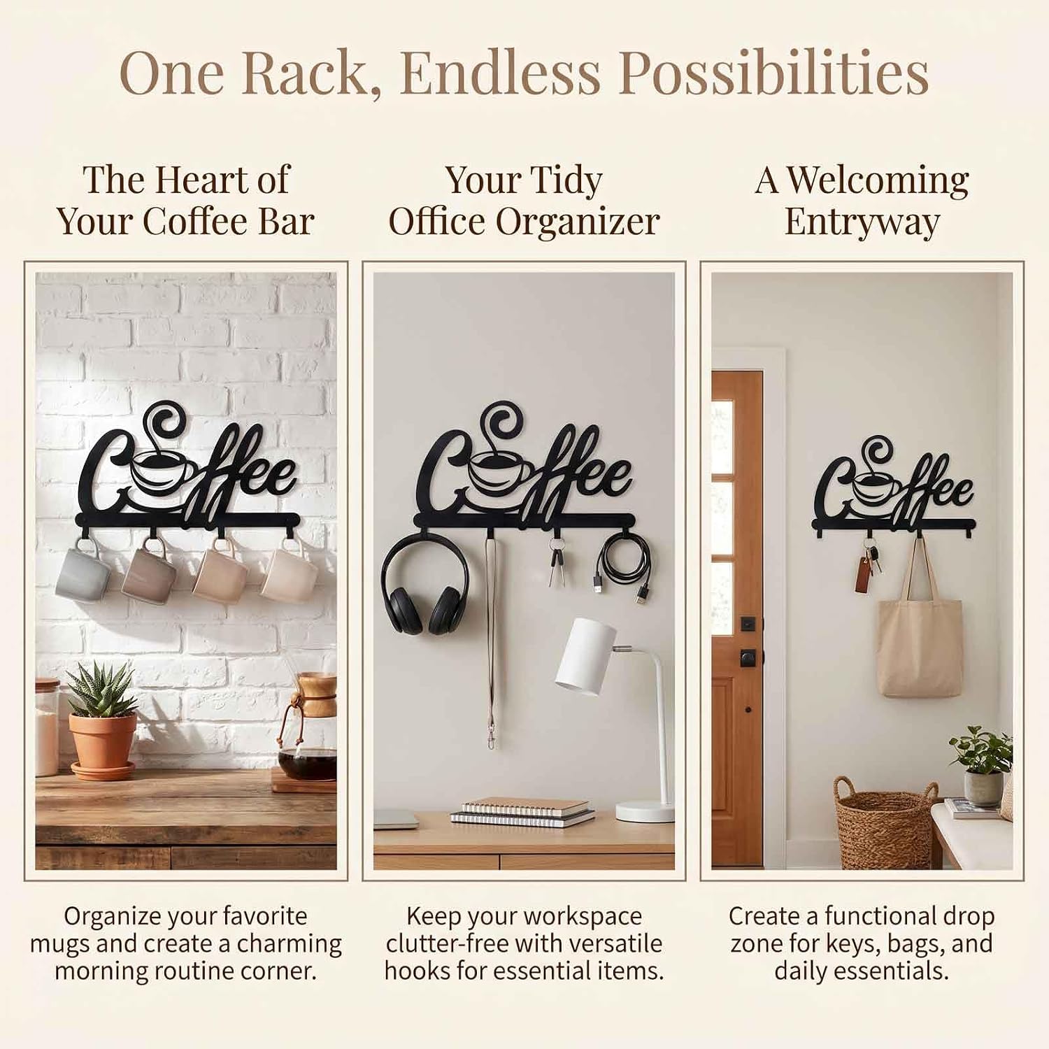AIM & GGKK Coffee Mug Holder Wall Mount, Black Laser Cut for Coffee Bar