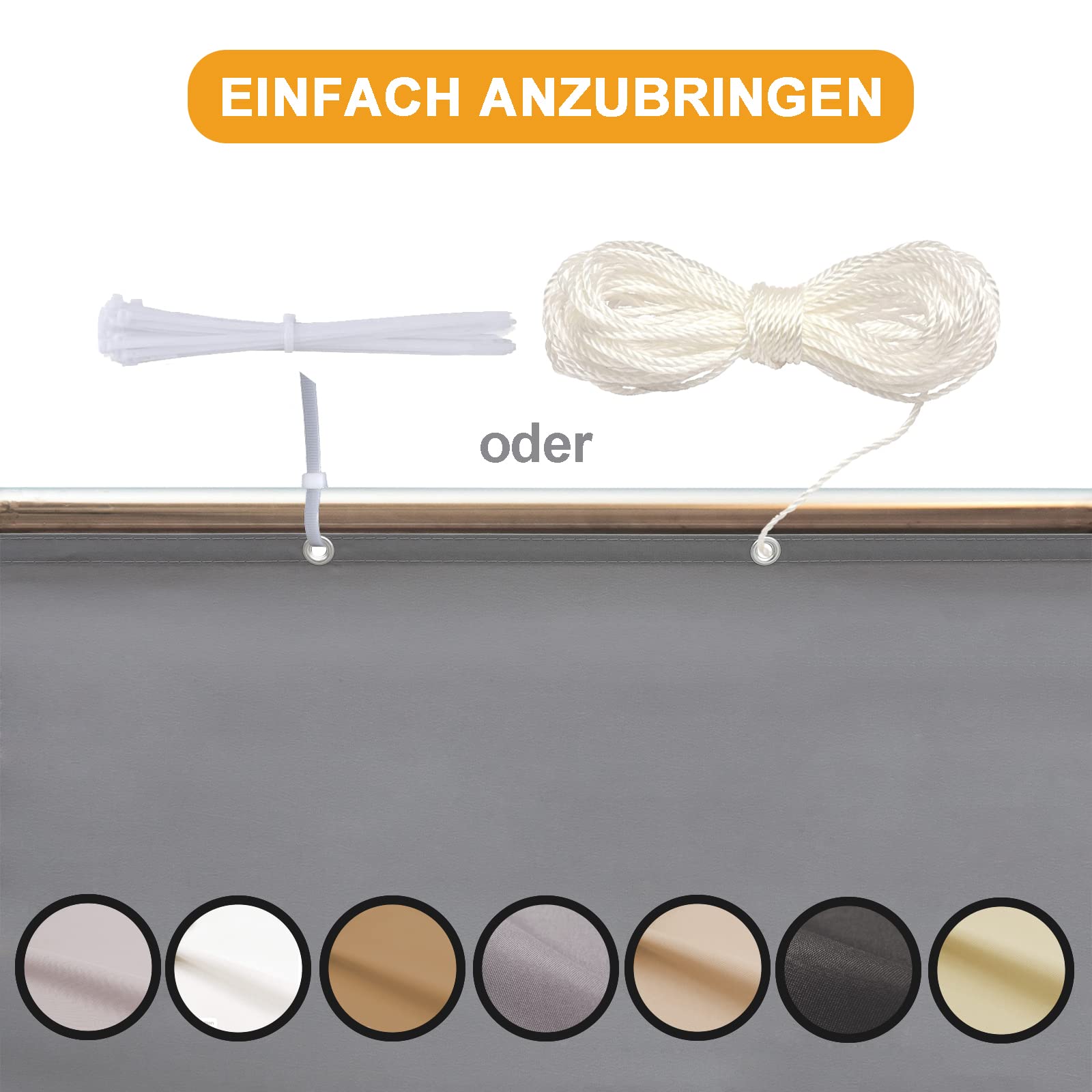 Khakifarbene Balkonabdeckung 110 x 500 cm, blickdicht, mit Kabelbindern und Seil, ideal für Geländer, schützt Garten und Terrasse.